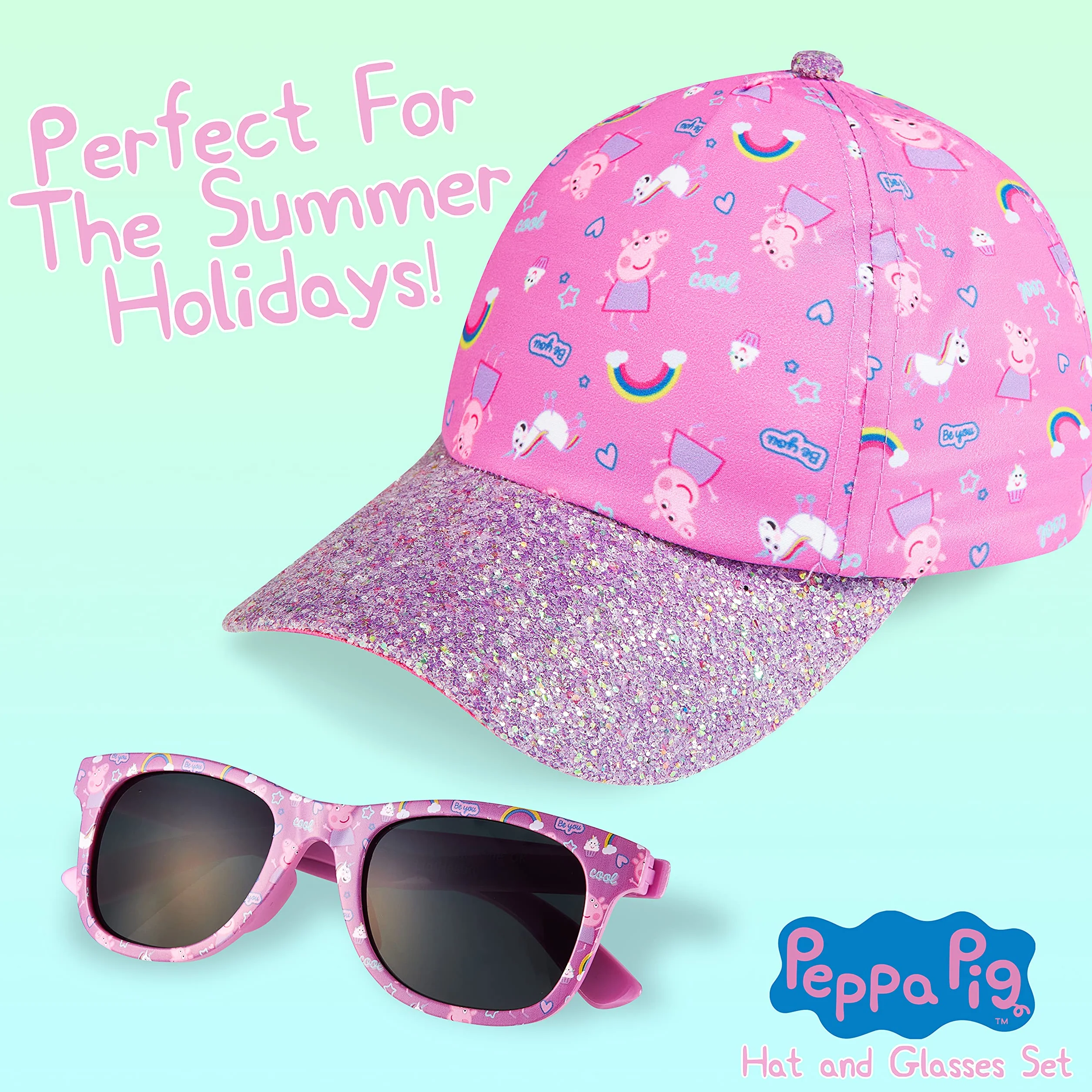 Peppa Pig Okulary przeciwsłoneczne czapka z daszkiem zestaw akcesoriów dla dziewczynek lato tęczowy jednorożec kapelusz przeciwsłoneczny 100% UV dzieci okulary przeciwsłoneczne plaża wakacje, różowy