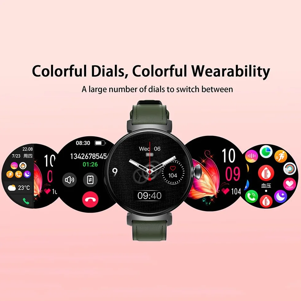Zephyrion Inteligentny zegarek dla kobiet, funkcja odbierania połączeń, ekran dotykowy AMOLED 1,04", monitor aktywności z pulsometrem, BP/snu, wodoodporny IP68, okrągły damski smartwatch do telefonów