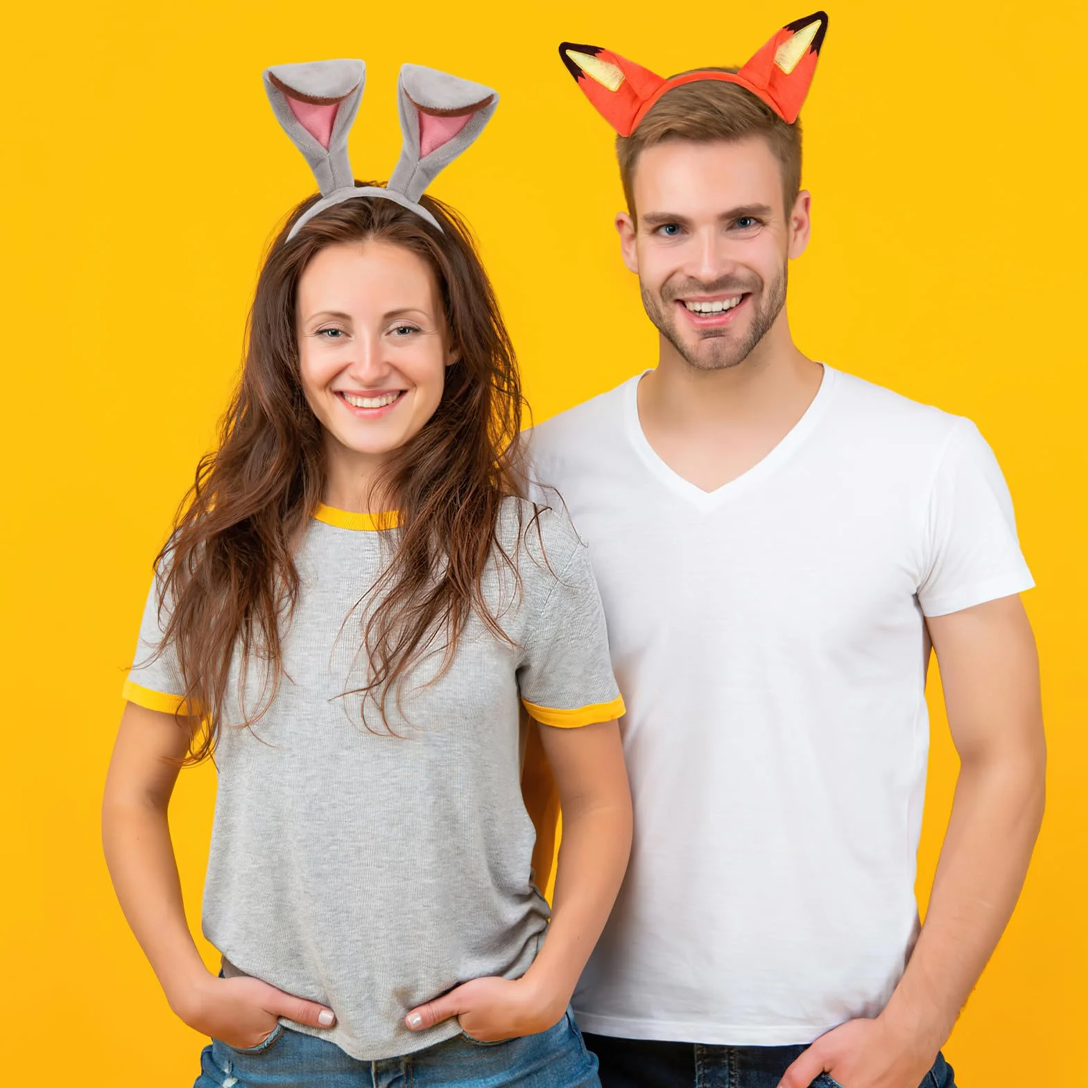 MWOOT Ears królik opaska na głowę, opaska na uszy, królik i lis, 2 sztuki karnawałowy kostium dla pary Cosplay, śliczne pluszowe uszy dla kobiet mężczyzn