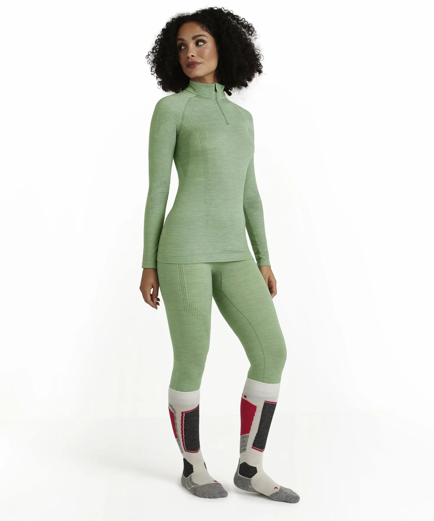 FALKE Kobiety Warstwa podstawowa (góra) Wool-Tech High Zip Neck W L/s Ts Wełna Materiał funkcjonalny szybkoschnące ciepłe 1 Sztuka, Zielony Quiet Green 7378, XS