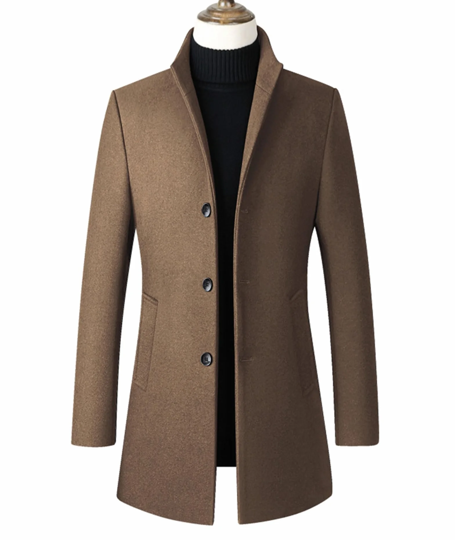 ECDAHICC Męska zimowa stójka, wełniany, trencz, jednorzędowy, slim fit, biznesowa, stylowy, długi płaszcz, wiatrówka