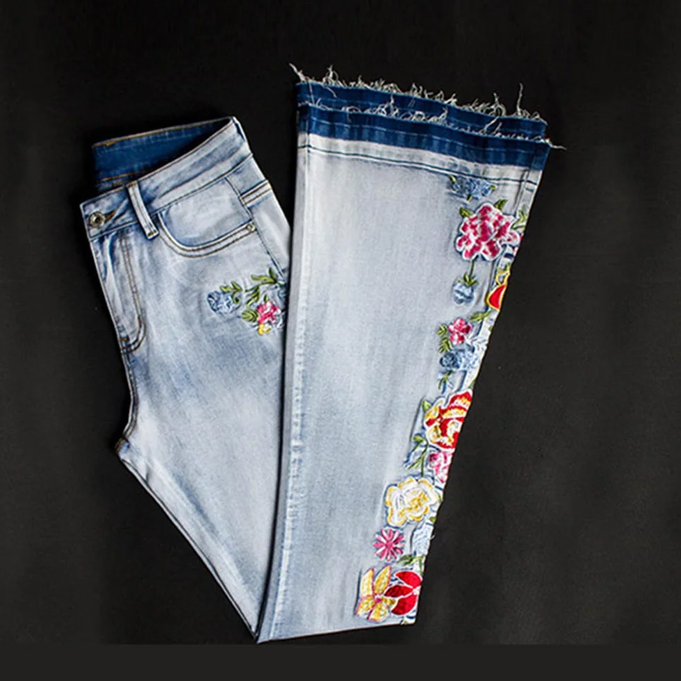 Damskie jeansy z haftem i z haftem, spodnie biodrowe, damskie, długie, długie, cienkie, denim, spodnie damskie, szerokie nogawki, dżinsy