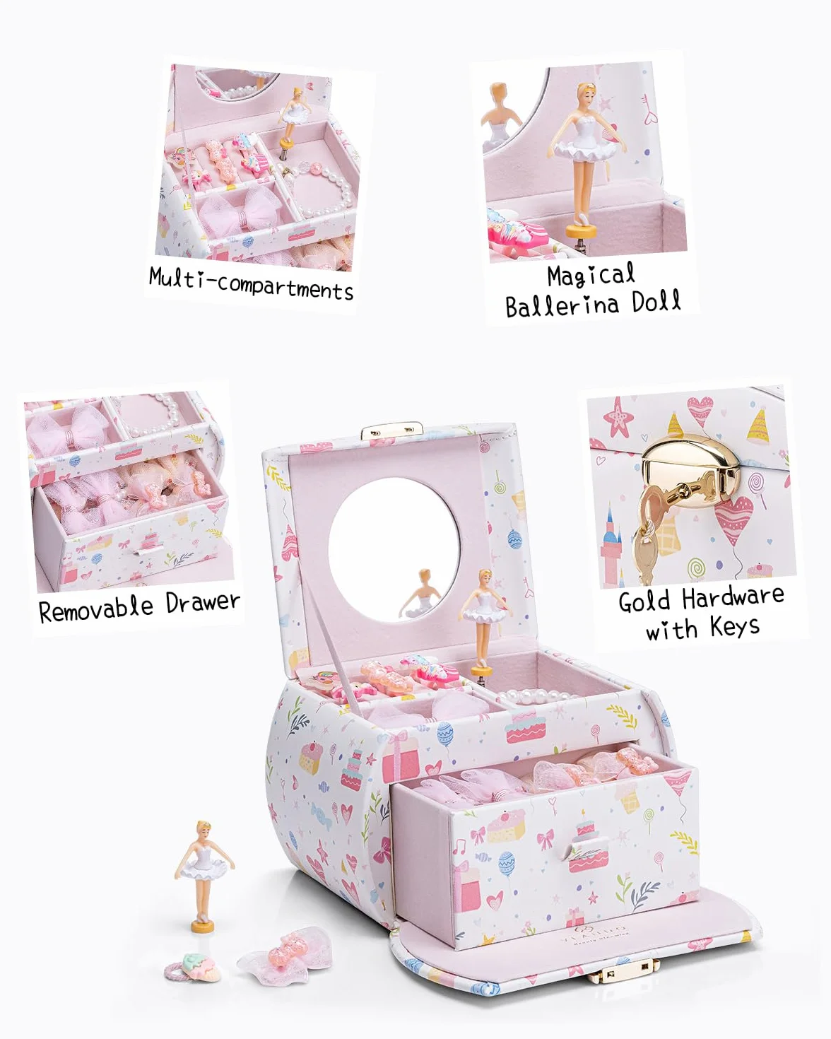 VLANDO Pozytywka szkatułka na biżuterię dla dziewczynek z szufladami, prezent urodzinowy dla dziewcząt, prezent dla dziewczynek w wieku 6, 7, 8 lat, szkatułka na biżuterię dla dzieci, balerina