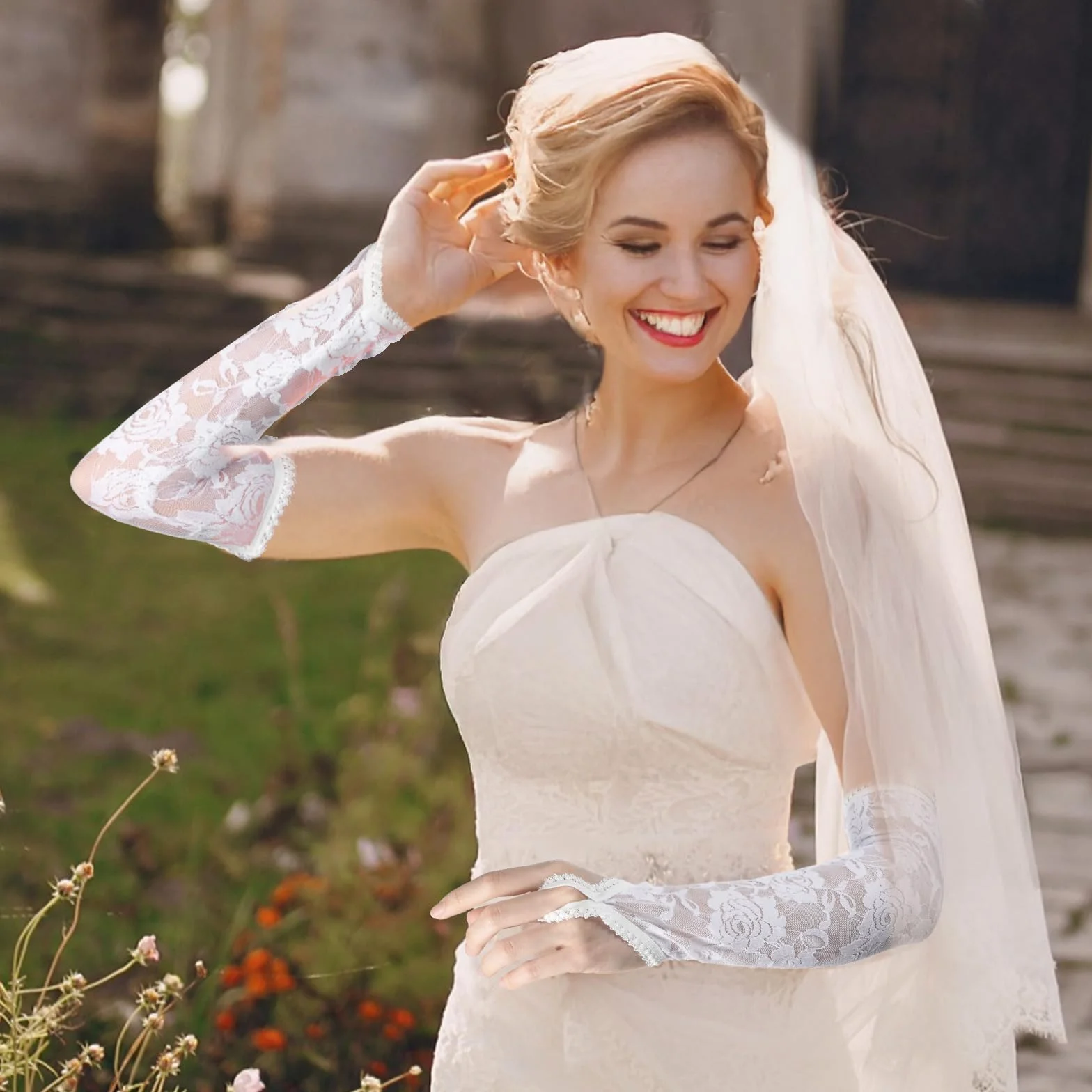 Koronkowe rękawiczki bez palców dla kobiet długość do łokcia eleganckie kwiatowe długie koronkowe rękawiczki do opery 20s ślub herbata przyjęcie cosplay