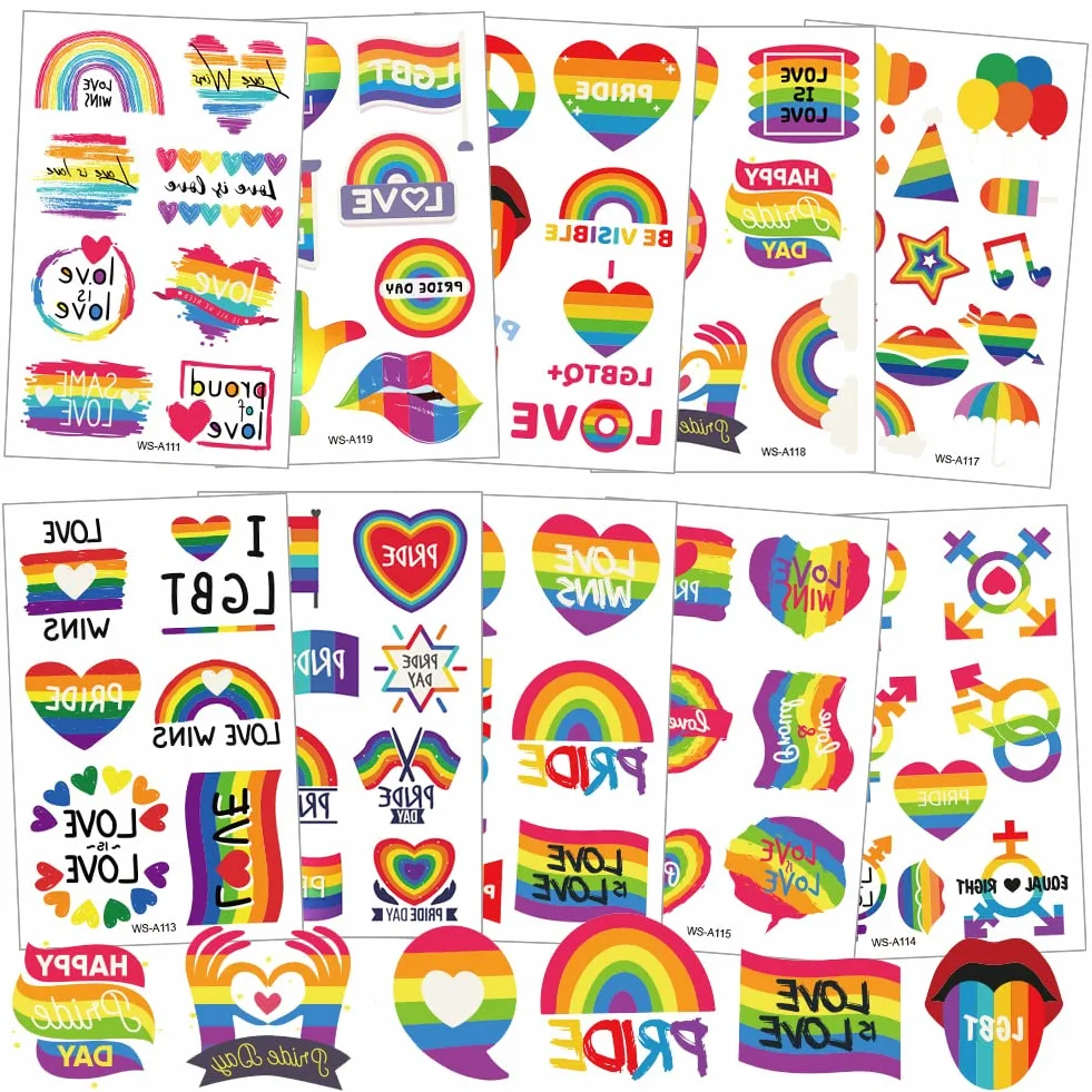 AOMIG 70+ stylów tatuaży z dumą, 10 dużych arkuszy tymczasowych tatuaży Gay Pride, wodoodporne naklejki z tatuażami LGBT Rainbow Flag na festiwale Pride dekoracje świąteczne