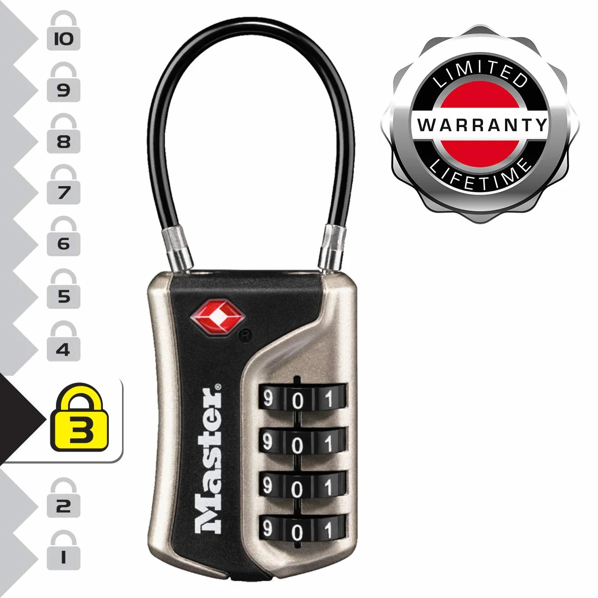 Master Lock 4697EURDNKL TSA zamek szyfrowy z elastycznym pałąkiem, nikiel, 9,3 x 3,6 x 1,5 cm