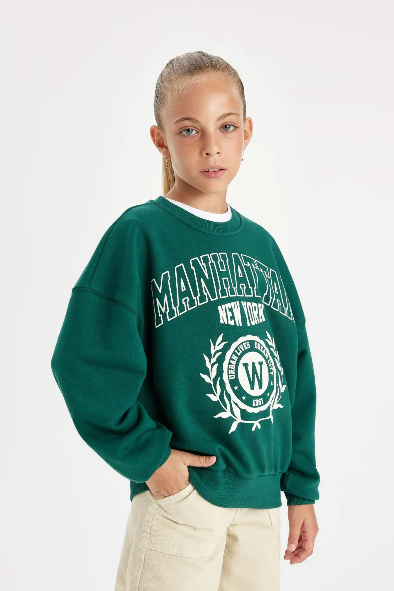 DeFacto Girl Regular Fit bluza z długim rękawem, dziergana bluza z kapturem dla dziewczynek (D.Green, 5/6 Y), zielony, 5-6 lat
