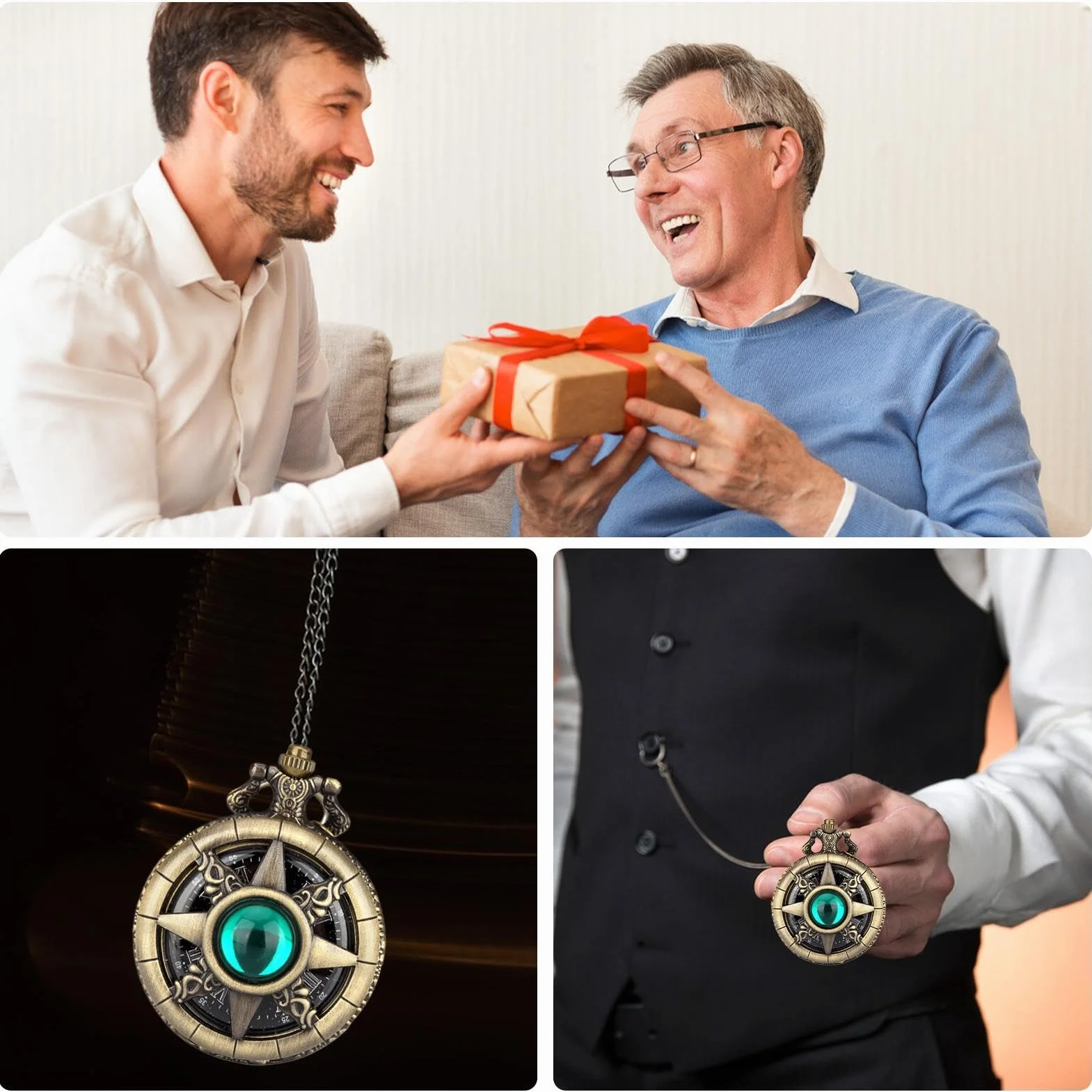Zegarek kieszonkowy w stylu vintage, klasyczny, gładki zegarek kieszonkowy z kamieniami szlachetnymi, z łańcuszkiem, w stylu vintage, miedziany, mechaniczny zegarek kieszonkowy na Dzień Ojca, męża