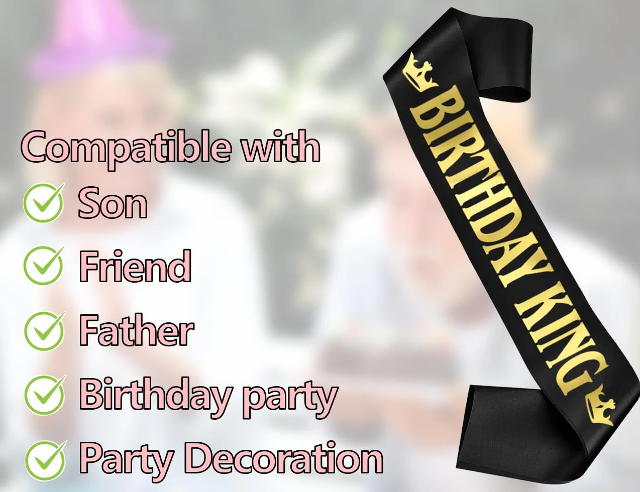 KAPSING Birthday King szarfa urodzinowa, męska szarfa urodzinowa, dekoracja urodzinowa, Boy Sash czarna, baner z okazji urodzin, dekoracja na przyjęcia urodzinowe