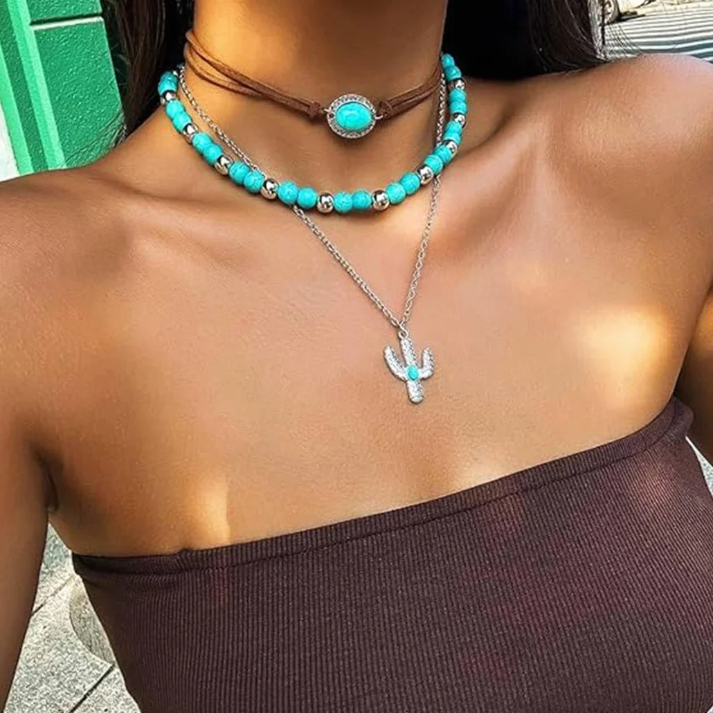 Naszyjnik w stylu boho w kolorze turkusowym, srebrnymi perłami, choker, łańcuszek warstwowy, biżuteria dla kobiet