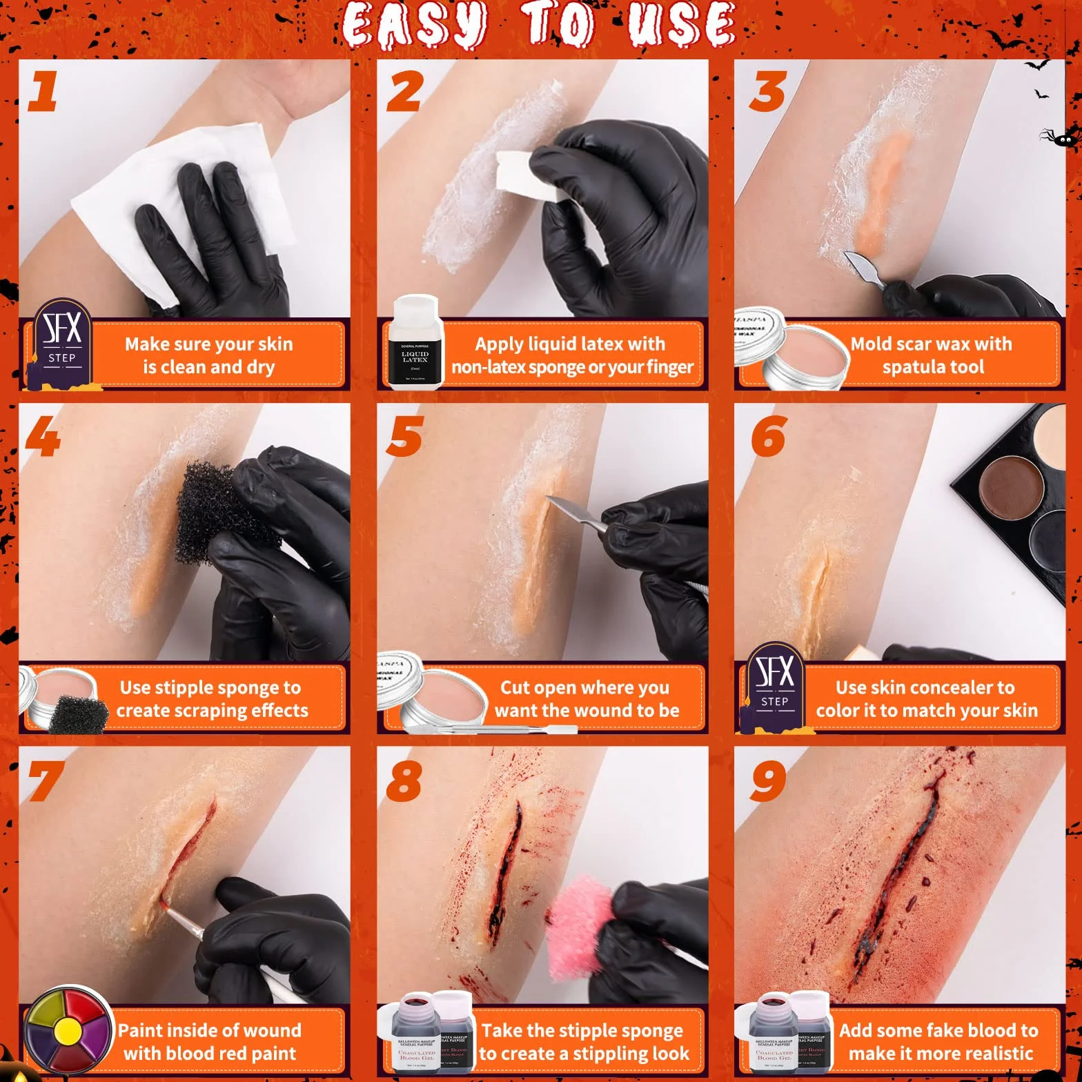 CHASPA Zestaw do makijażu SFX z płynnym lateksem na Halloween – wosk bliznowy + 2 płynny lateks Btl + 2 sztuczne krew Btl + narzędzie szpatułki + 2 gąbki do szpikulca + 4 gąbki do makijażu + waciki