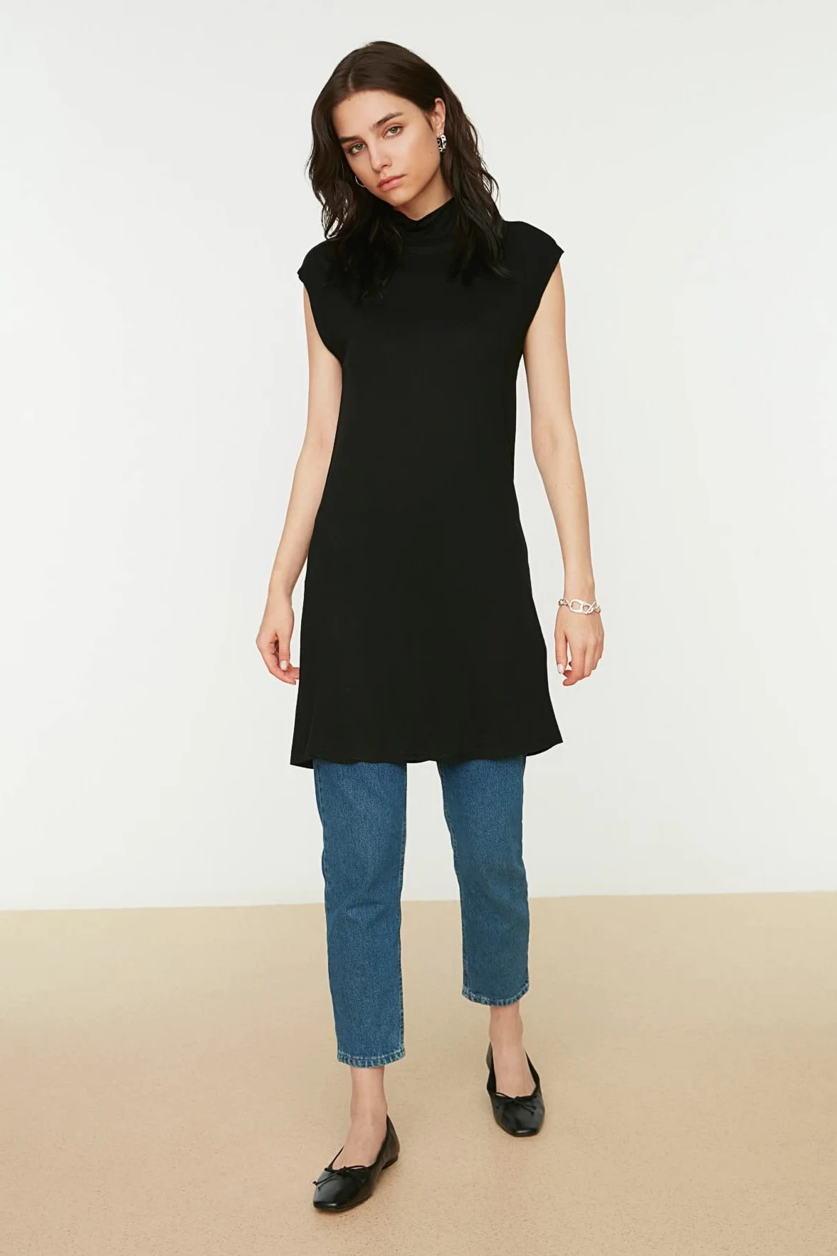 Trendyol tunika koszulka Kobiety Czarny Kołnierz Bez Rękawów Tunika