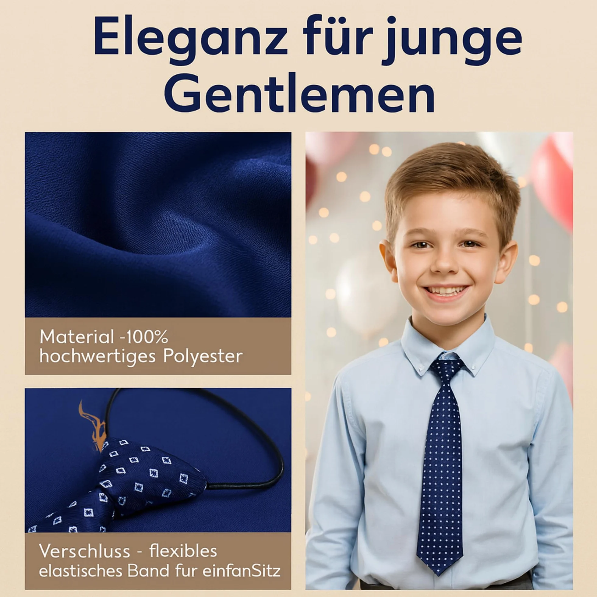 Krawat dziecięcy z elastyczną gumką, Ciemnoniebieski, XS