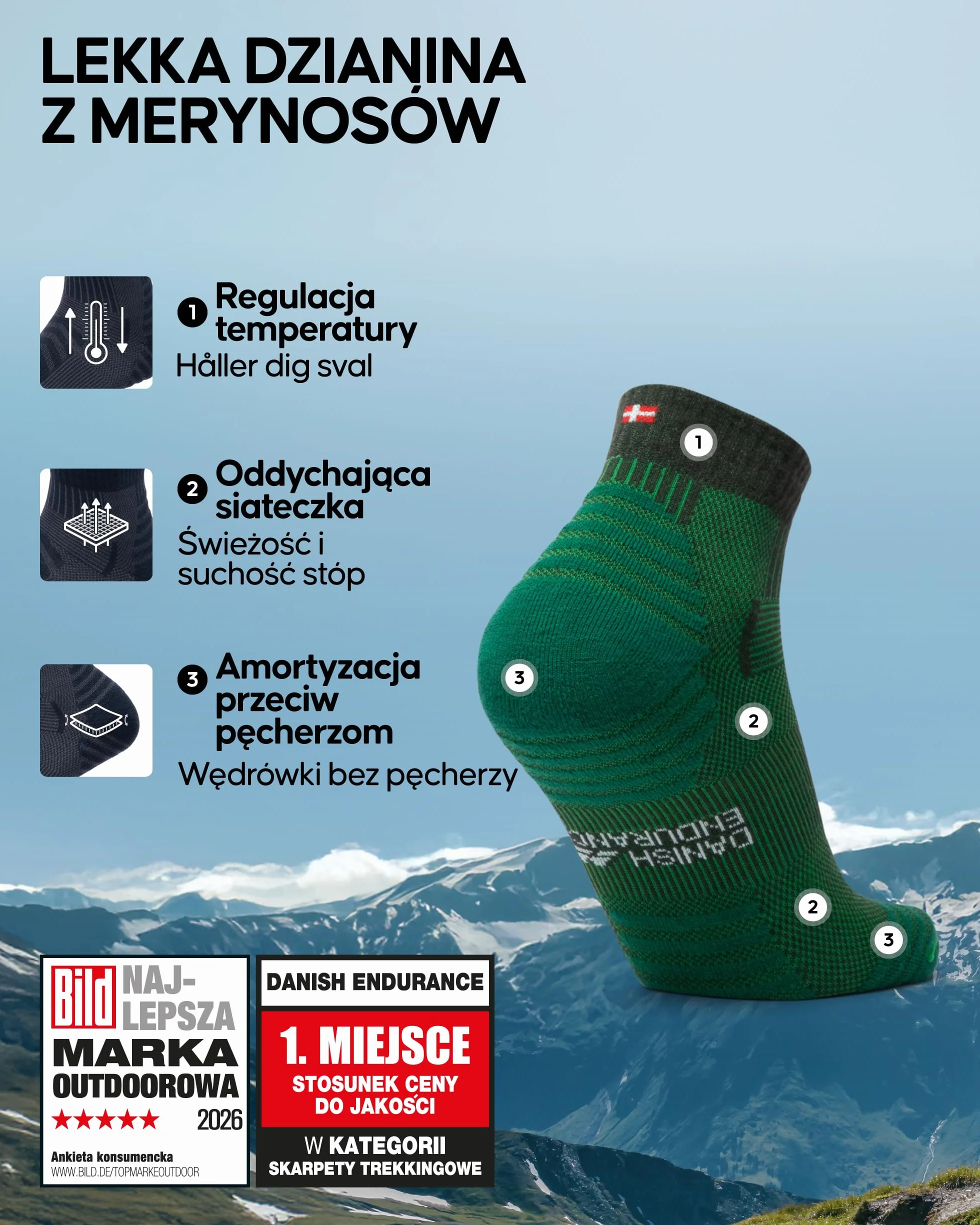DANISH ENDURANCE Skarpety Trekkingowe Niskie z Wełny Merino, Oddychające Skarpety Turystyczne z Lekką Amortyzacją, dla Kobiet i Mężczyzn, 3-Pak