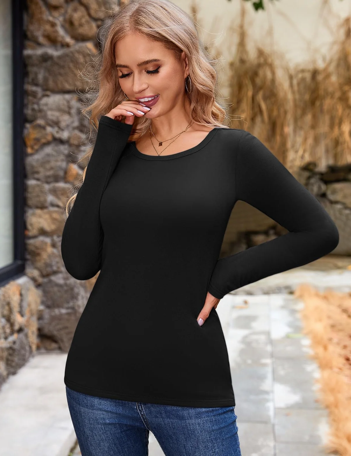 Damskie topy z długim rękawem okrągły dekolt topy termiczne zimowe na co dzień rozciągliwe ciepłe koszule wygodna miękka bielizna warstwa bazowa koszula slim fit