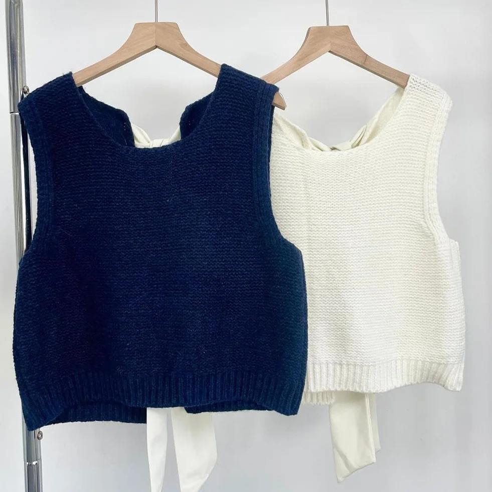 Sweter kamizelka top dla kobiet na co dzień krótki dzianinowy kardigan kamizelka muszka tył sweter tank topy bez rękawów moda dzianina