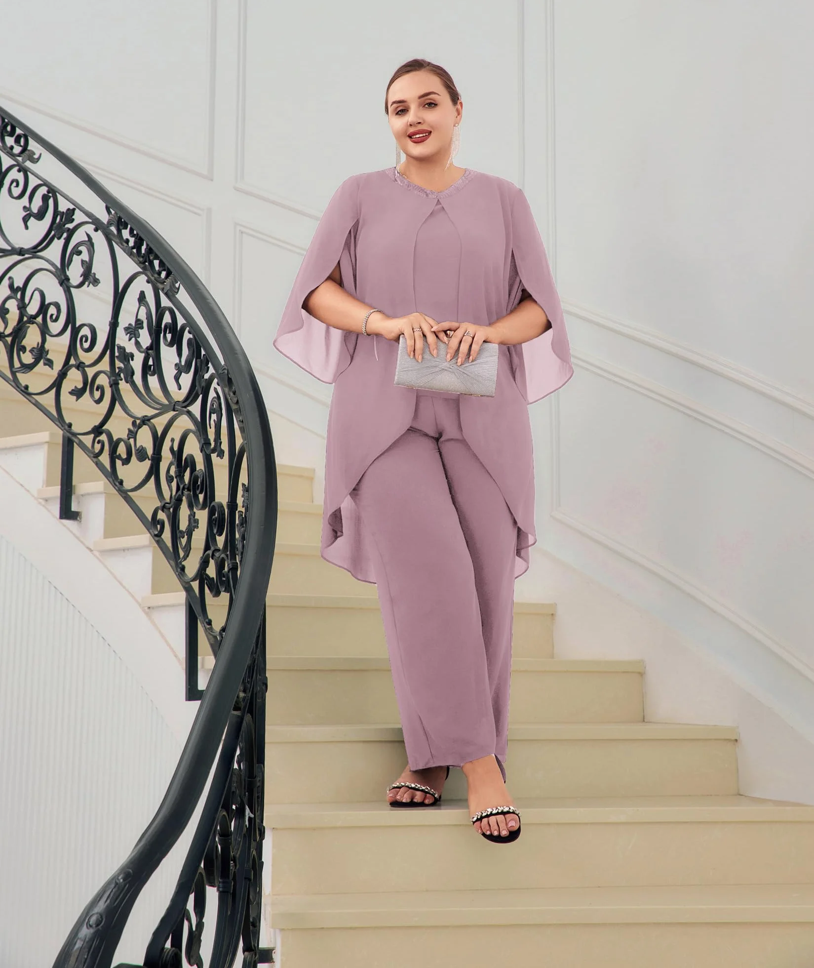 Hanna Nikole Damskie garnitury do spodni plus size stroje dla matki panny młodej, szyfon, 2 sztuki, formalny zestaw dla gości weselnych, strój festiwalowy, eleganckie stroje, cekiny, okrągły dekolt i