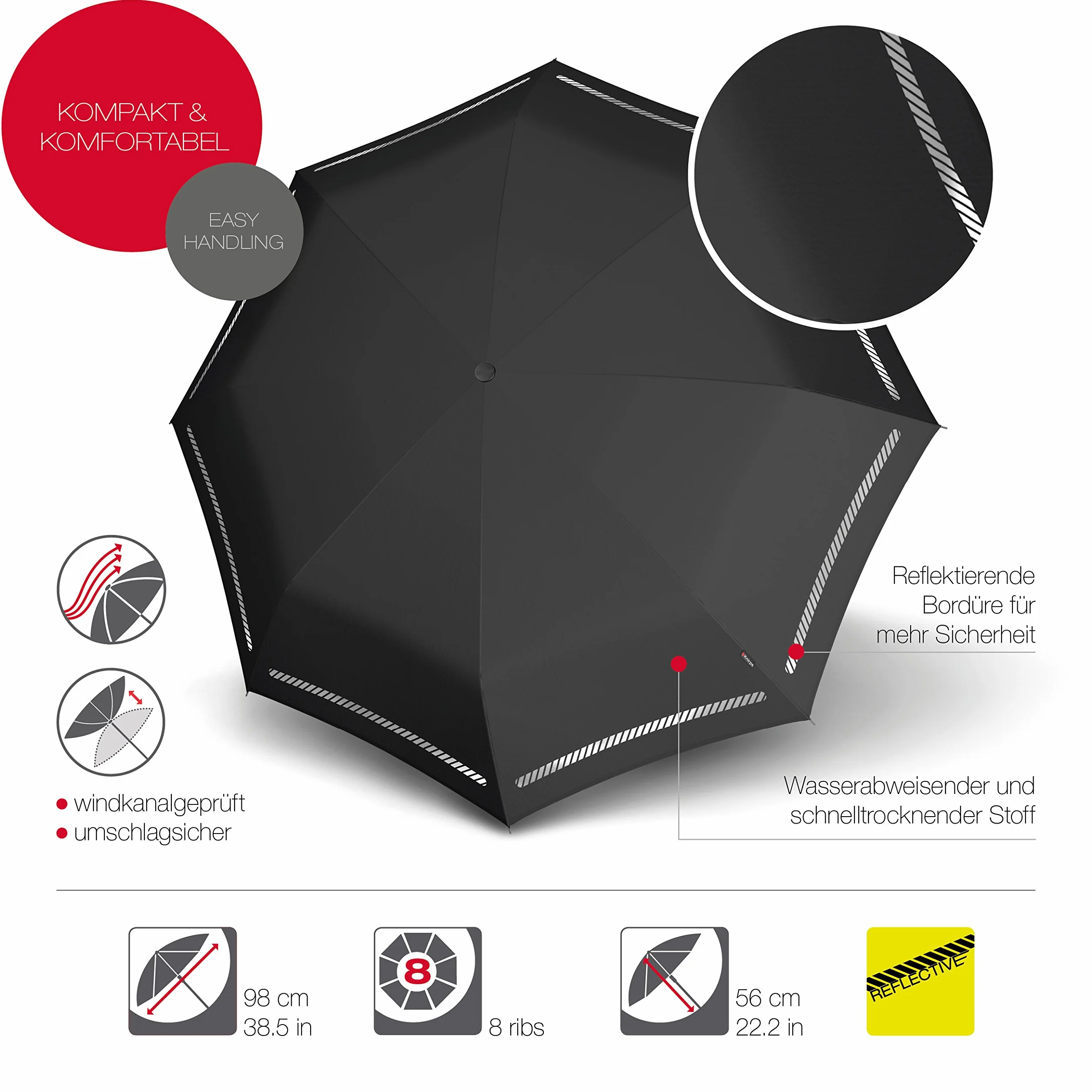 Knirps T.200 Medium Duomatic odblaskowy czarny parasol w sztyfcie, 94 cm, Czarny, 94 centimeters, Parasol w sztyfcie