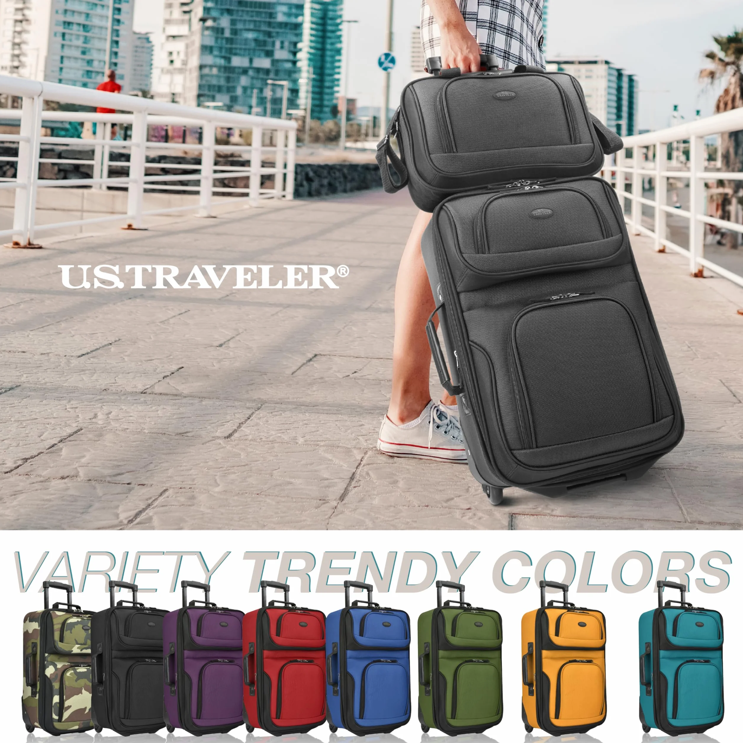 U.S. Traveler Rio wytrzymały materiał rozszerzalny bagaż podręczny, Czarny, 2 Wheel, Rio Lekka walizka podręczna 50 cm Softside rozszerzalna konstrukcja, trwała, biznesowa i podróżna