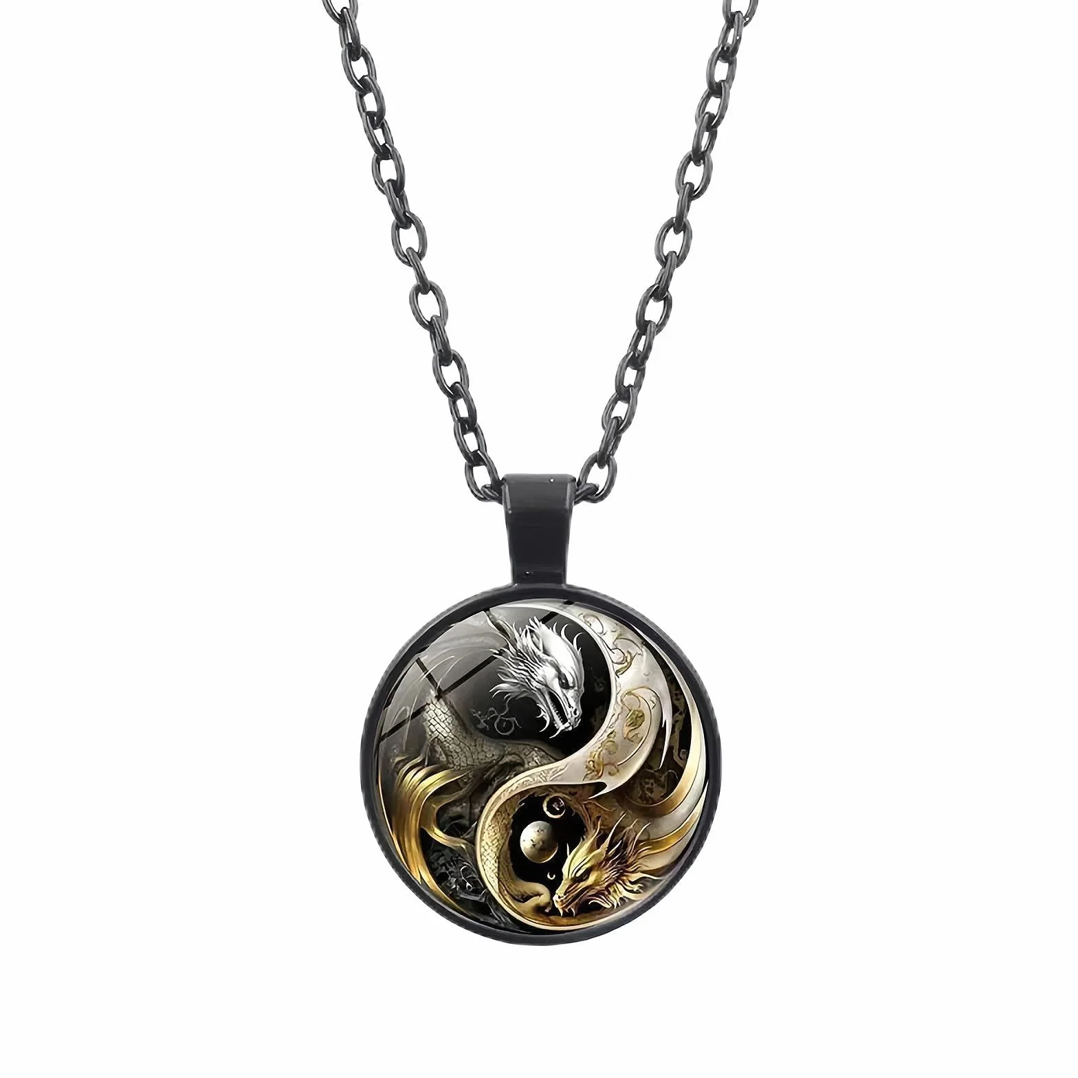 S925 Czysty srebrny naszyjnik Yin Yang z czarnym stalowym łańcuszkiem - starożytna biżuteria wisząca, naszyjnik dla mężczyzn kobiet, naszyjniki Yin i Yang Tai Chi, Feng shui Ying Yang