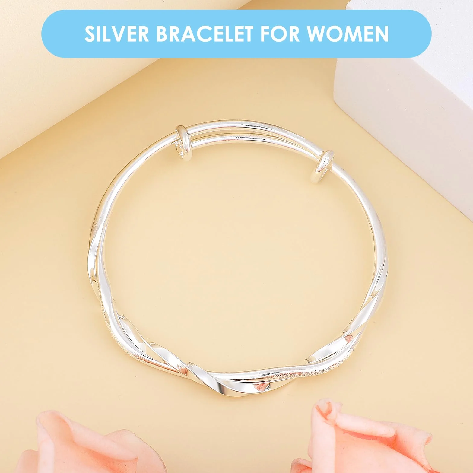 ASTER Bransoletka damska ze srebra wysokiej próby 925 dla dziewcząt, regulowana, otwarta bransoletka typu twist, srebrna bransoletka z charmsami, na urodziny, rocznicę, biżuteria, prezent