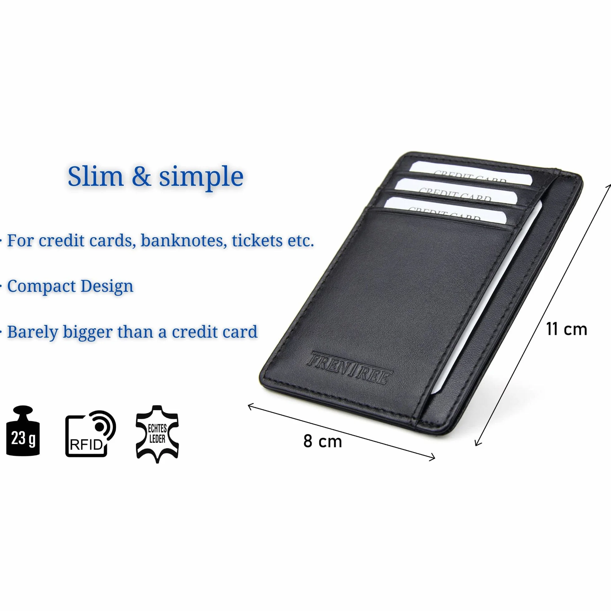 Frentree® Etui na karty ze skóry, bardzo cienkie, z ochroną RFID i okienkiem, minimalistyczna portmonetka na karty płatnicze i banknoty, czarny, Onesize, Minimalistyczny