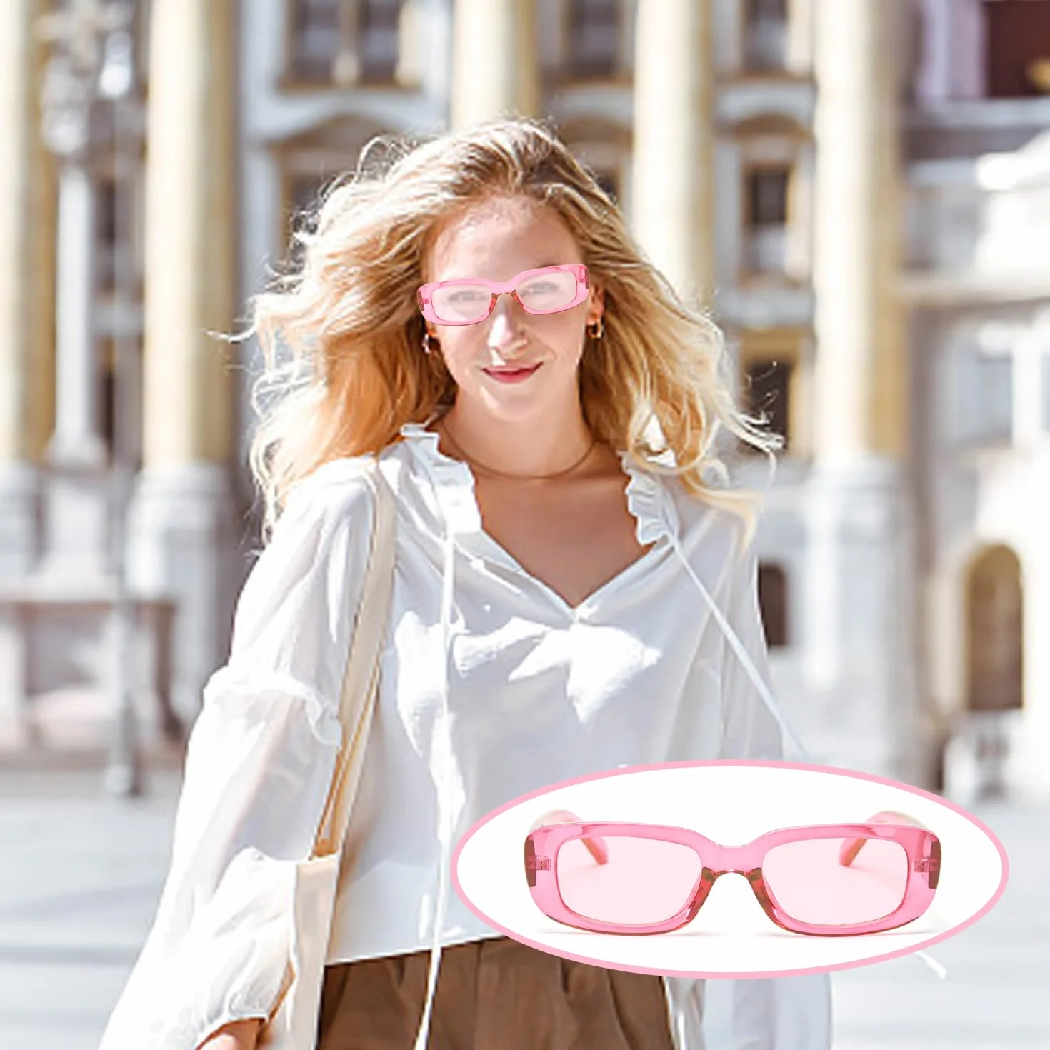 1 różowe okulary i 1 torba na okulary, modne okulary przeciwsłoneczne, prostokątne okulary przeciwsłoneczne, okulary przeciwsłoneczne retro, akcesoria odzieżowe, Różowy, M