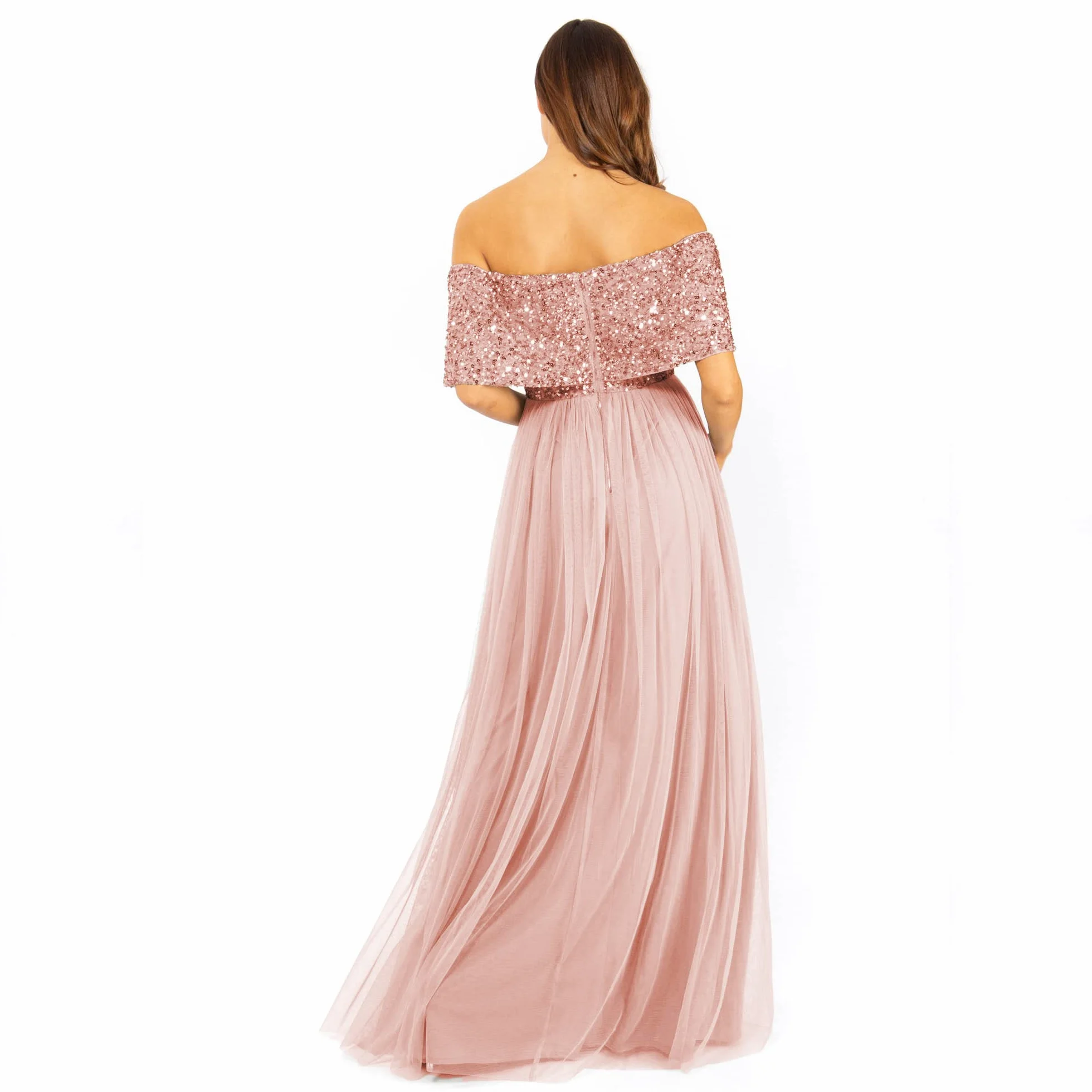 Maya Deluxe Miękka szara sukienka bardot Embellished Maxi dla druhny, kobiety