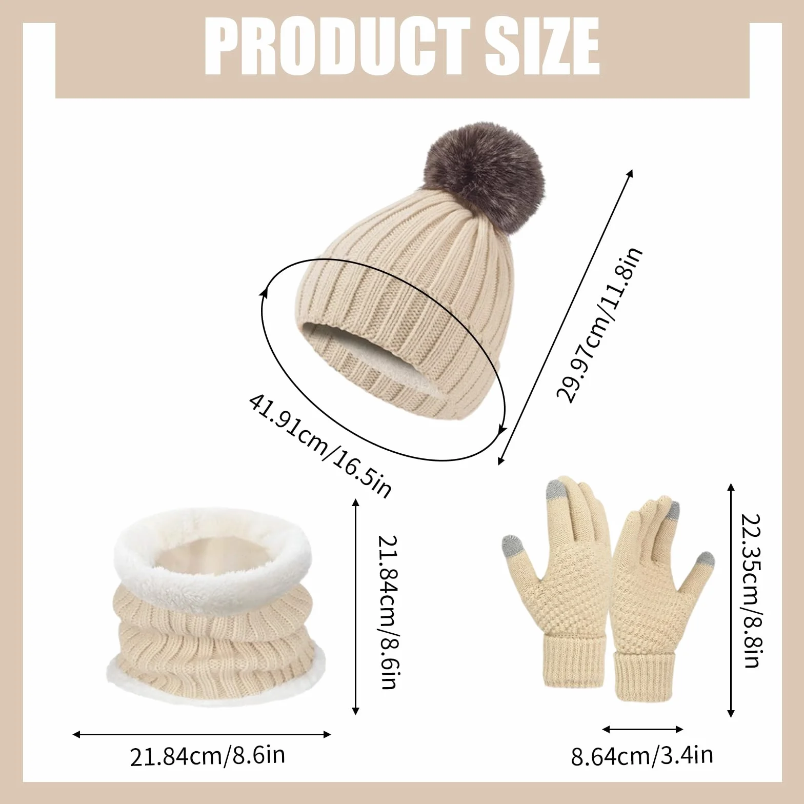 Embhlitfe Zestaw damskich czapek zimowych rękawiczki termiczne szalik czapki beanie dla kobiet z podszewką z pomponem ciepłe 3 szt. zimowy zestaw na zimną pogodę dla kobiet codzienne narty sporty na
