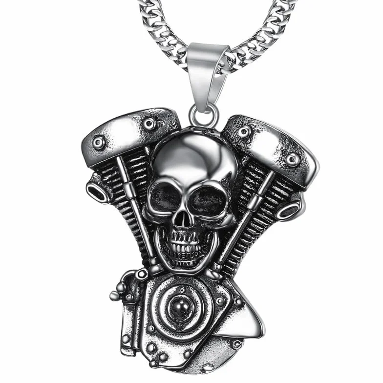 BOBIJOO JEWELRY - Duży łańcuszek na szyję z wisiorkiem - masywny motor, czaszka ze stali nierdzewnej 316L, srebrny łańcuszek