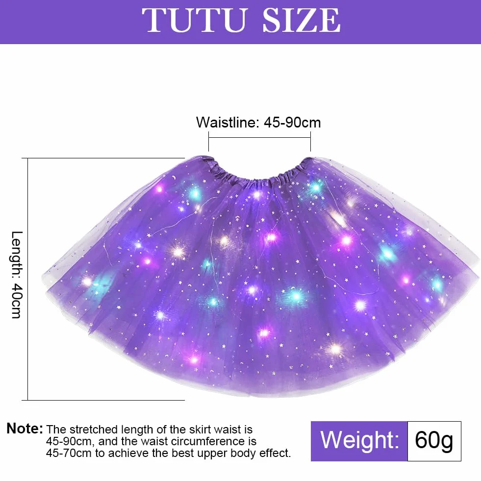 Spódnica z tiulu LED, 3-warstwowe tiulowe spódnice do tańca, świecąca spódnica LED, spódnica tutu na karnawał, Boże Narodzenie, Halloween, ślub