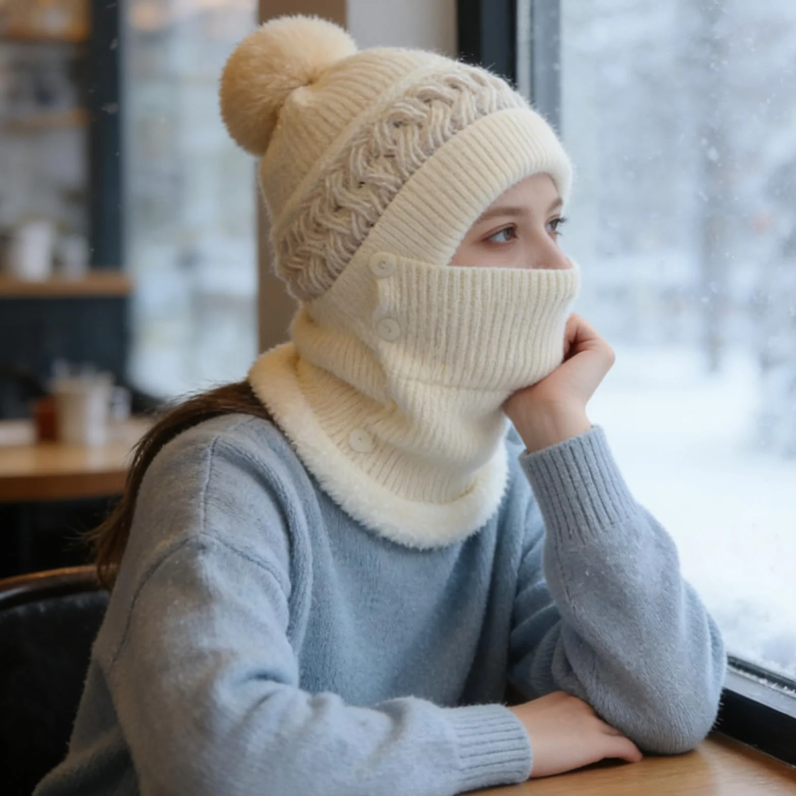 Damski zimowy kominiarka z grubą, ciepłą podszewką z polaru, ciepłe zimowe dzianinowe zestawy czapek i ocieplaczy na szyję, generyczna czapka 3 w 1 dla kobiet z kulką do włosów
