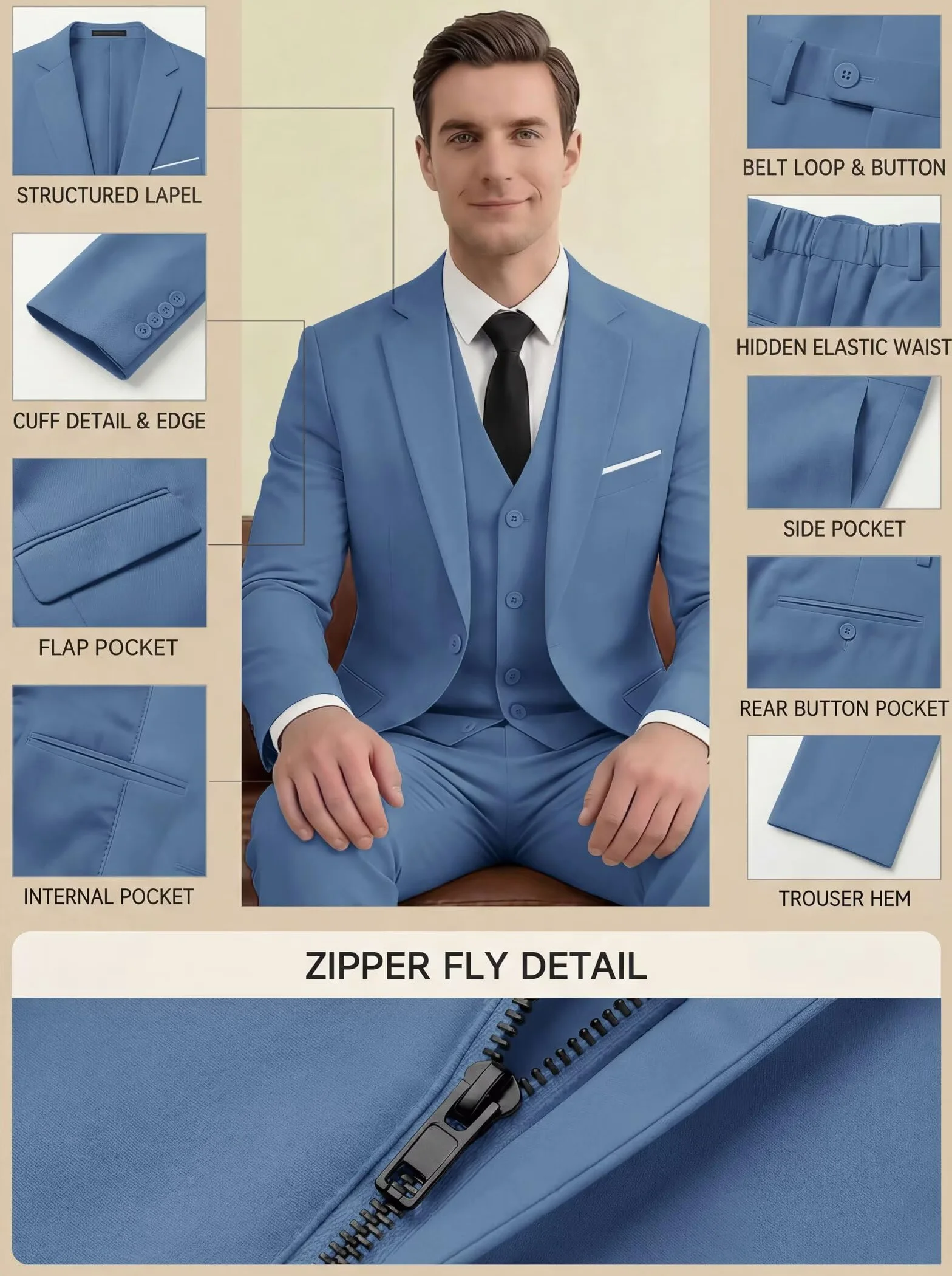 HUUTOE Męskie 3-częściowe garnitury slim fit, kostiumy na studniówkę dla mężczyzn, suknia ślubna, garnitur, letnia marynarka, kurtka, kamizelka, spodnie, smoking, zestaw