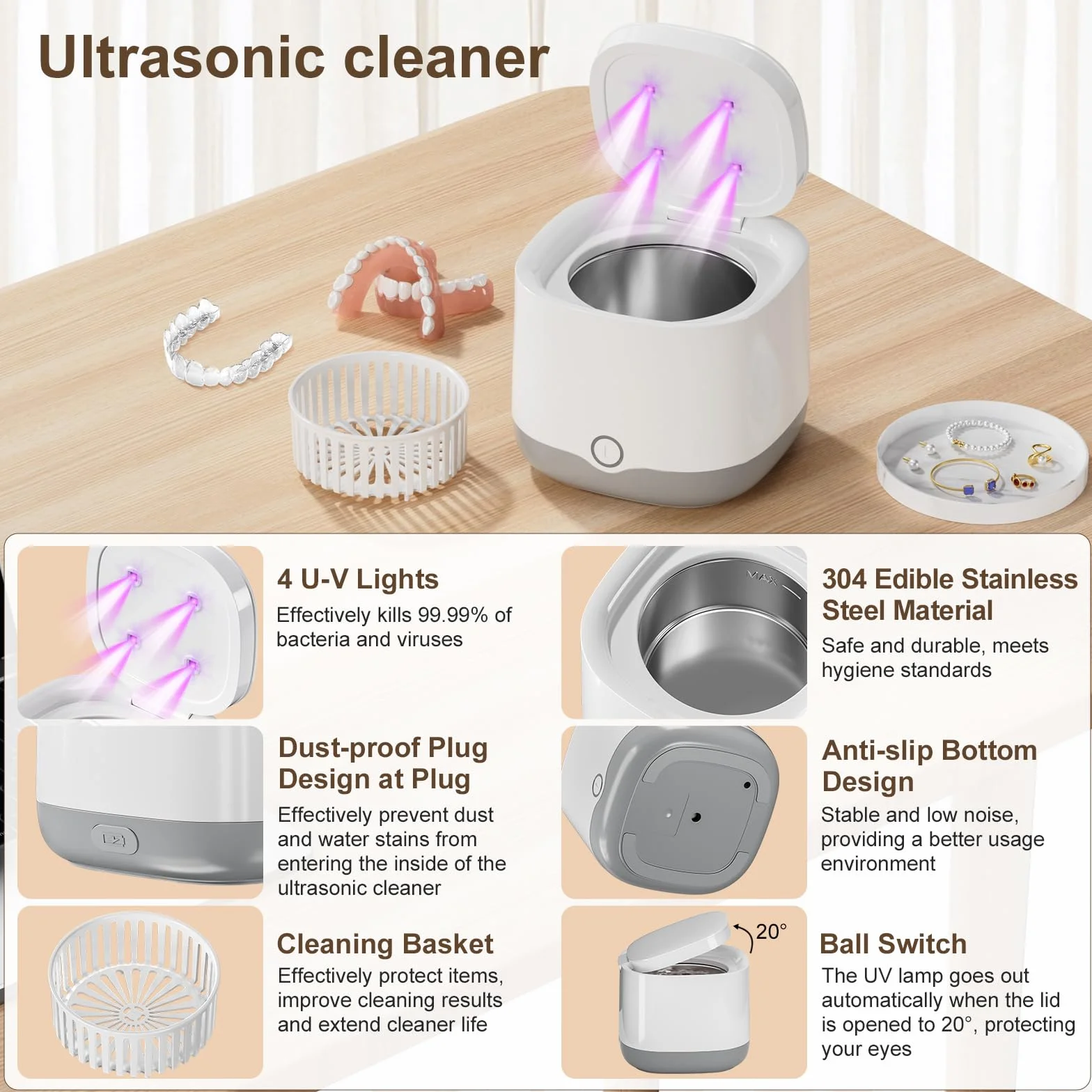 Ultradźwiękowe urządzenie do czyszczenia szyn zębowych UV 45000 Hz 24 W Dental Pod do protez, nakładek, ochraniaczy na zęby, nakładek wybielających, czyszczenie ultradźwiękowe - 5 minut czyszczenia