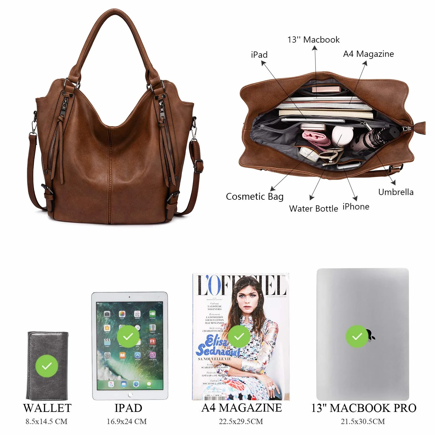 Realer Torba damska, duża, skórzana, typu shopper, na ramię, torba typu hobo w zestawie z portfelem, dla pań, do biura, szkoły, na zakupy i na podróż, zestaw 2-częściowy