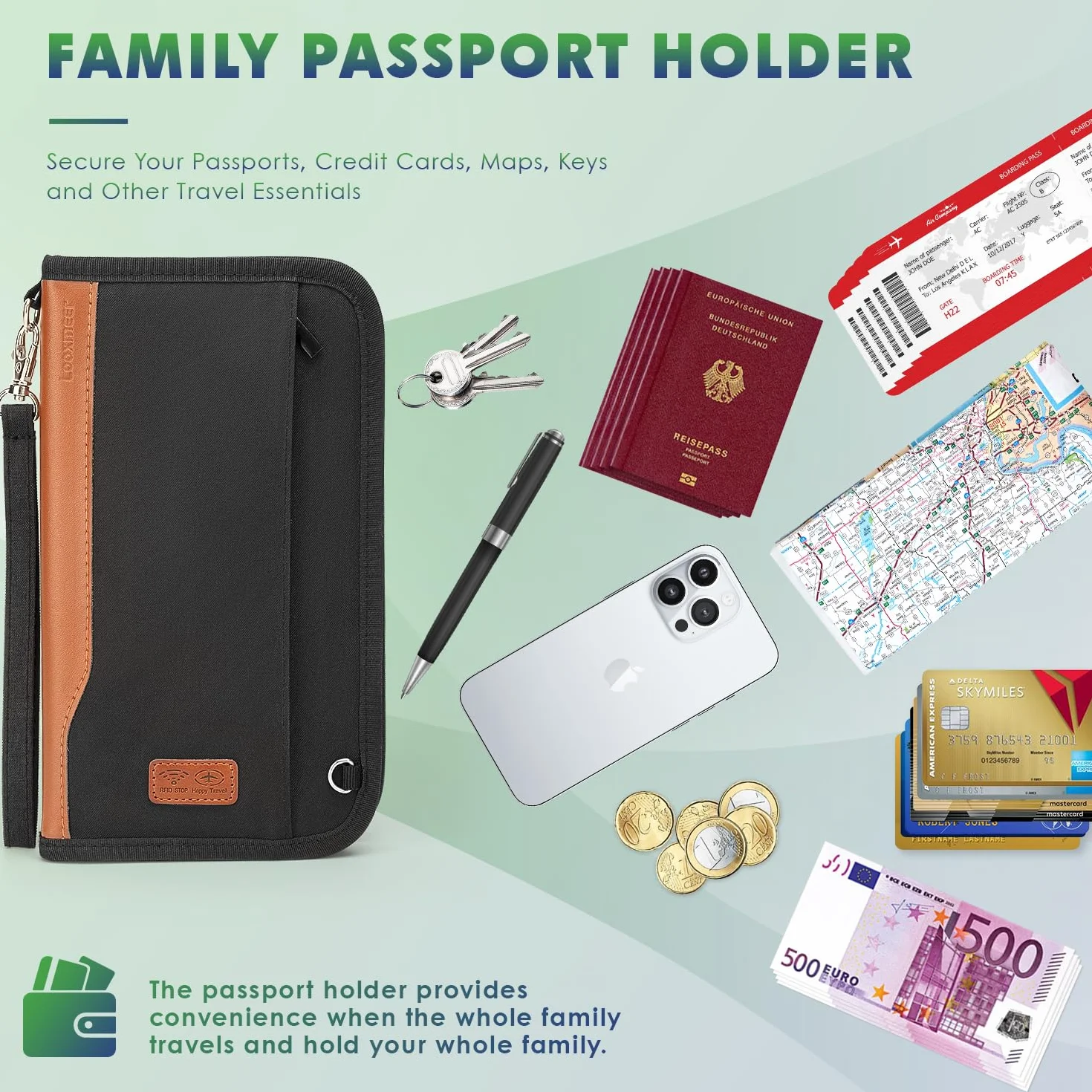 Portfel podróżny, rodzinny uchwyt na paszport, akcesoria podróżne blokujące RFID, organizer dokumentów na bilety, karty, gotówkę, długopis, klucze, wodoodporna okładka, etui z niezbędnymi