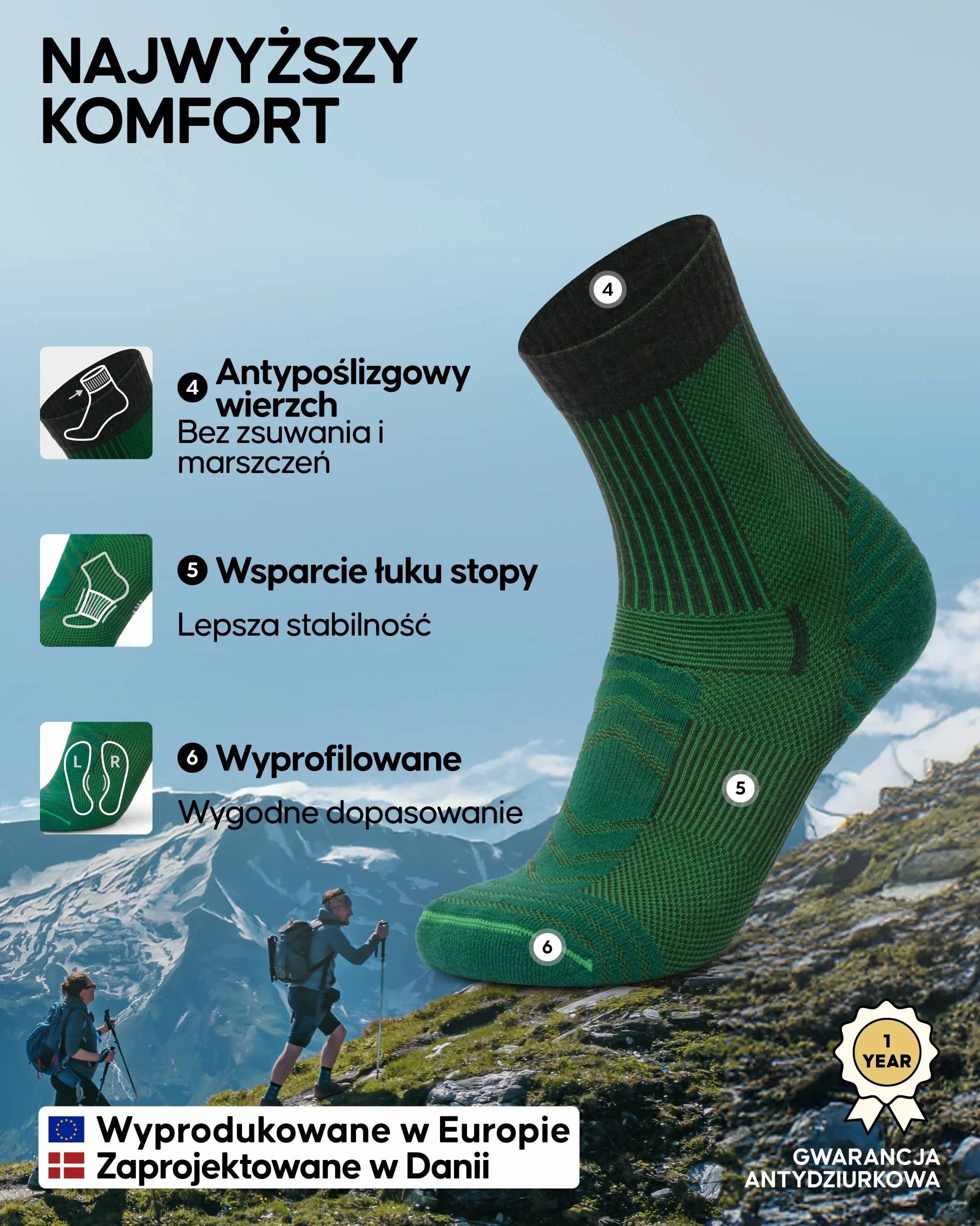 DANISH ENDURANCE Skarpety Trekkingowe, Lekkie Skarpety z Wełny Merino z Amortyzacją Przeciw Pęcherzom, dla Mężczyzn i Kobiet, Unisex