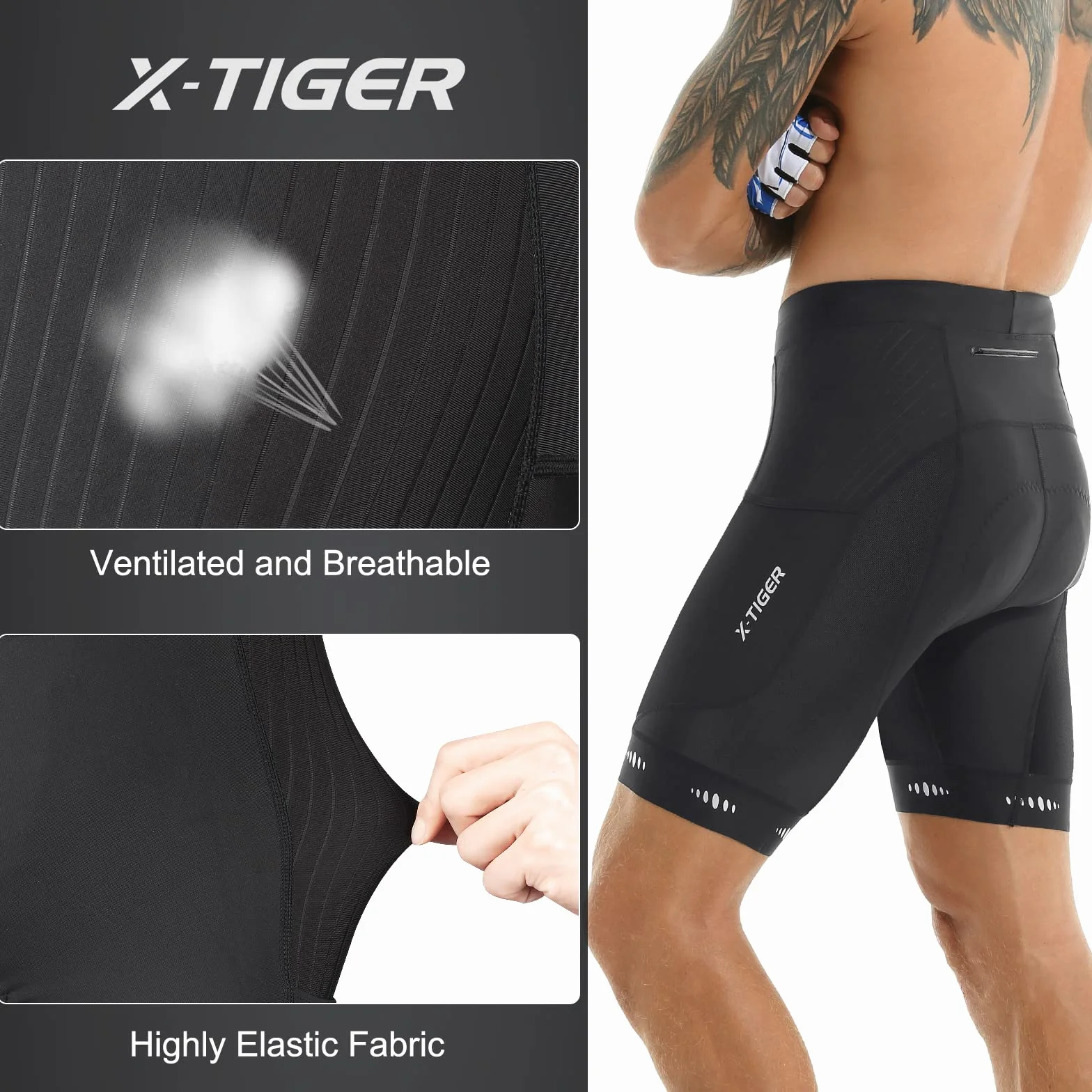 X-TIGER Męskie spodnie rowerowe z wyściółką 5D, spodnie rowerowe, oddychające, szybkoschnące, z 3 kieszeniami, 801 czarny, XXL
