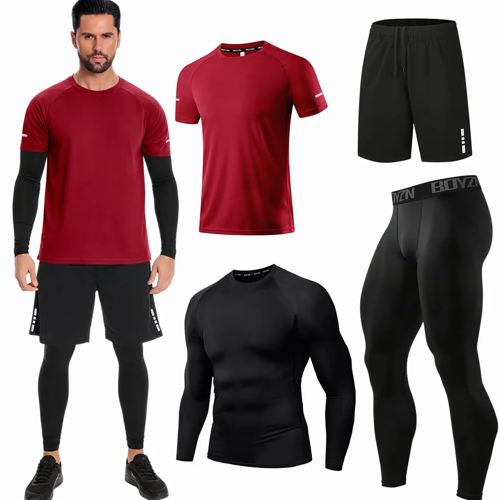 Holure Męski sportowy zestaw do biegania (4 sztuki) sportowa koszula + krótka/koszula kompresyjna + spodnie dres treningowy na siłownię