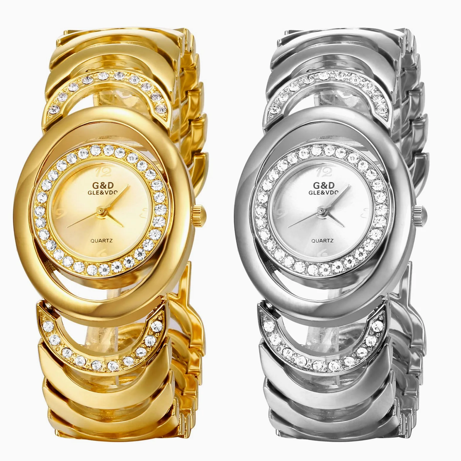 JewelryWe Zegarki damskie analogowe kwarcowe 30 m wodoszczelny zegarek na rękę elegancki wyjątkowy stras owalny zegarek na co dzień z metalowym paskiem i narzędziem do zegarka złoty/srebrny, 2 szt.,