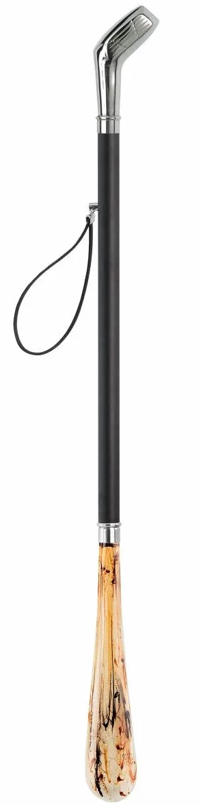DELFA Design łyżka do butów 70 cm z srebrnym uchwytem w kształcie klubu golfowego - czarny drewniany trzonek z pętelką - elegancka pomoc w zakładaniu butów