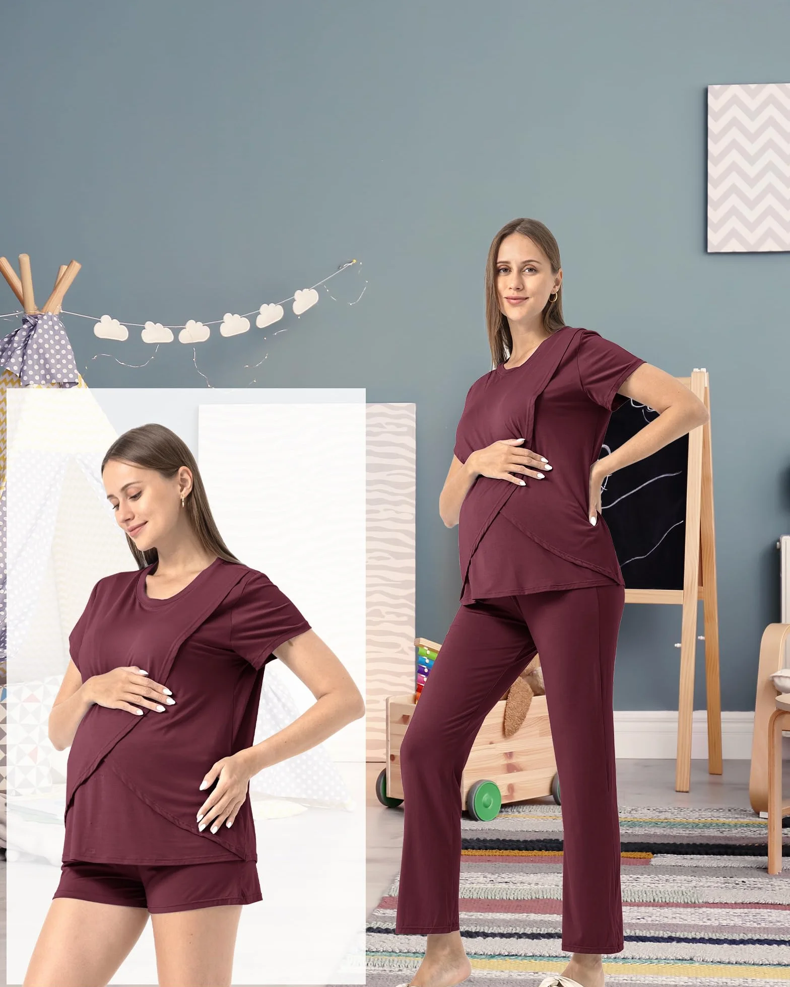 SUNNYBUY 3-częściowy zestaw piżamy do karmienia na czas poporodowy, luźna, miękka, ciążowa, bielizna nocna, odzież wypoczynkowa, warstwa odzieży