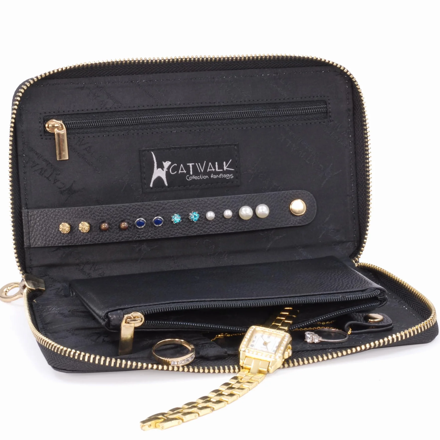 Catwalk Collection Handbags - Podróżne Skórzane Etui na Biżuterię Dla Kobiet - Mała Torba Zasuwana Na Biżuterię W Pudełku Upominkowym - Pippa - Czarny
