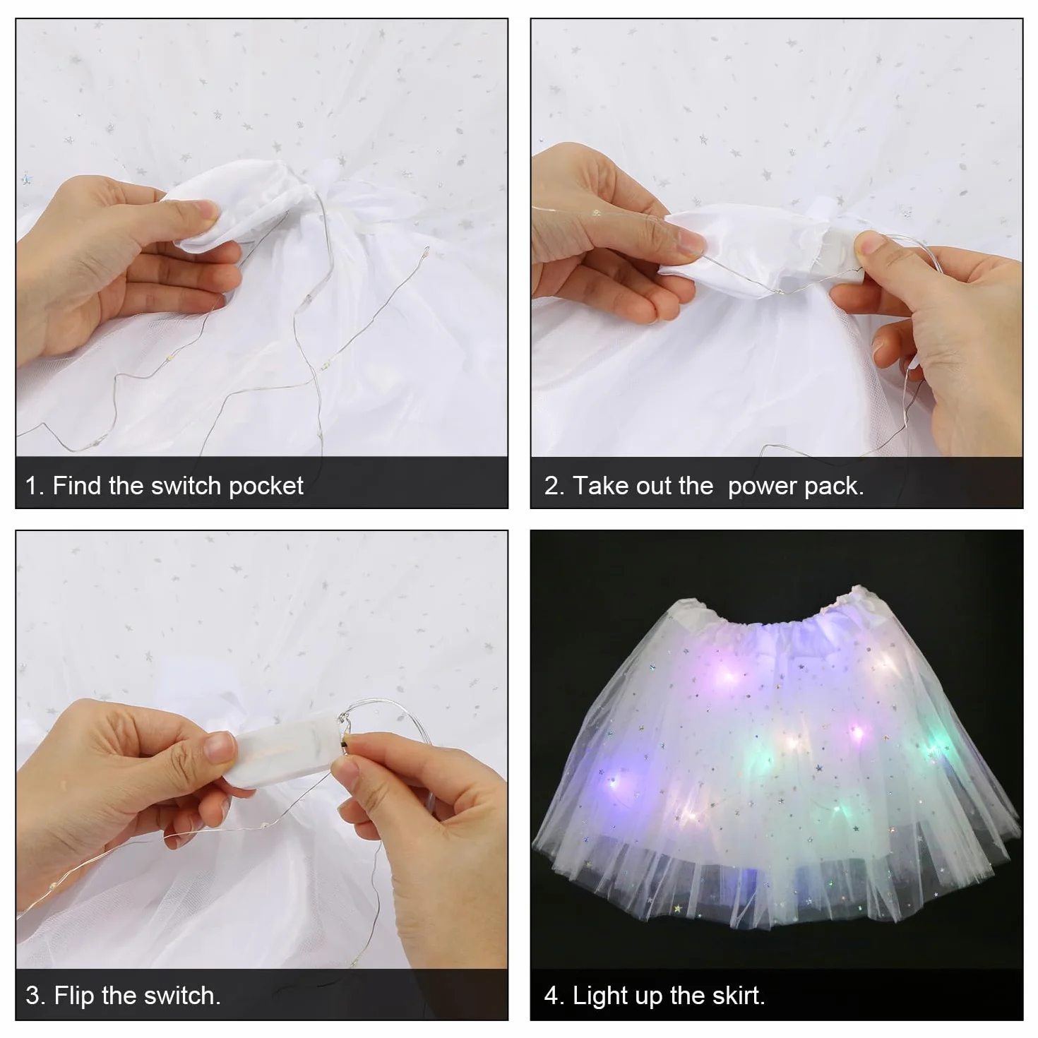 Wishstar Spódnica tiulowa dla dziewcząt, gwiazdy cekiny sukienka do tańca, 30 cm elastyczna mini spódnica z diodami LED, dla dziewczynek spódniczka baletowa na karnawał Halloween, sukienka baletowa