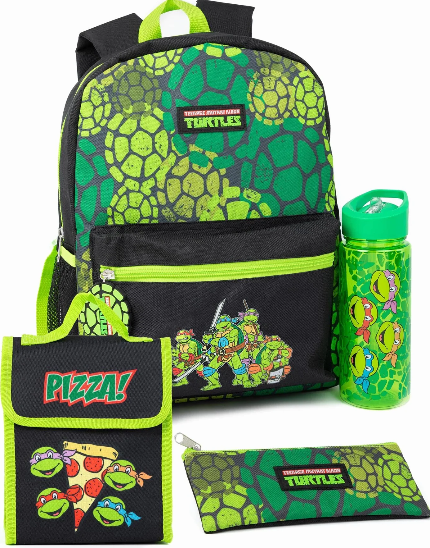 Teenage Mutant Ninja Turtles 4-częściowy zestaw plecaków | Animowani wojownicy Zielony plecak Pizza Torba na lunch Piórnik Butelka wody | TMNT Back to School Torb Prezenty