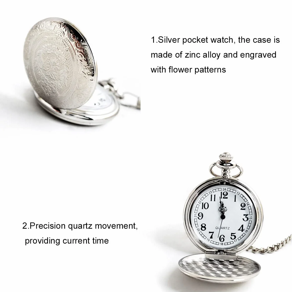Cerioll Zegarek Kieszonkowy Unisex Vintage, Srebrny, Kwarcowy, 47mm, 30m Wodoodporny, Łańcuch, Cyfry Arabskie