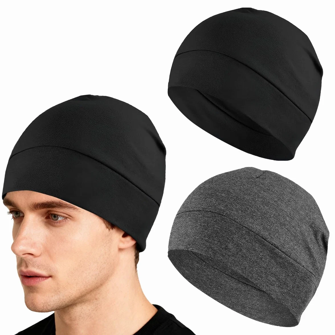 2 sztuki czarno-szarego zestawu czapek pod kask, wiatroszczelna czapka rowerowa, czapka do biegania dla mężczyzn, czapka z czaszką z bawełny, damska czapka pod kask rowerowy z bawełny, lekka i cienka