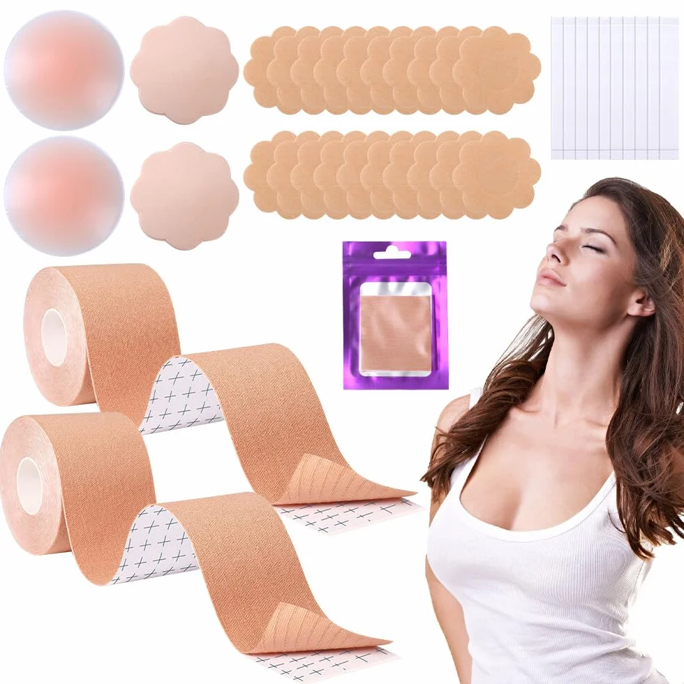 Taśma do podnoszenia piersi, taśma boobtape taśma klejąca piersi boob tape biustonosze samoprzylepne kobiety push up z silikonowymi sutkami, satynowe płatki, dwustronna wstążka do sukni wieczorowych
