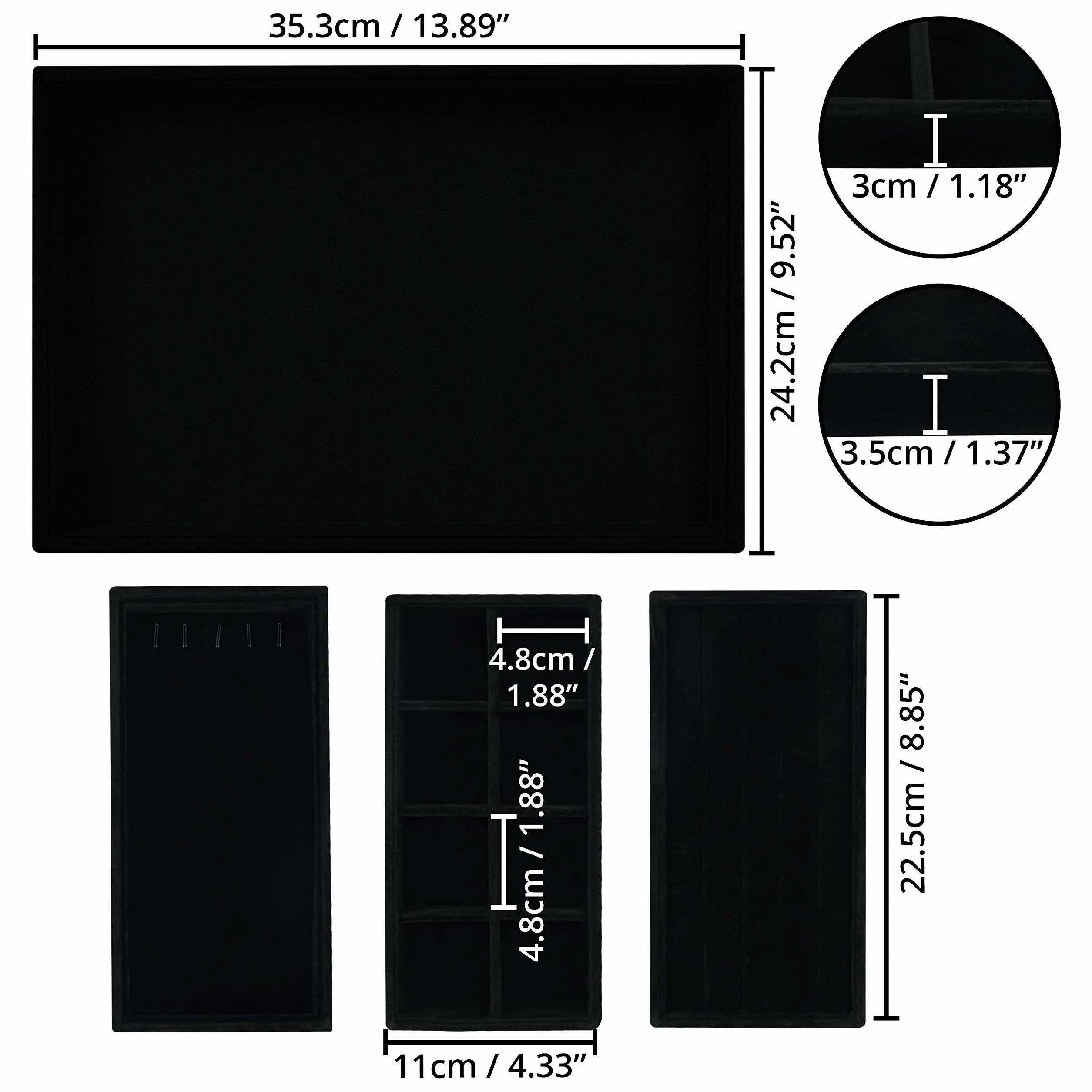 Belle Vous Czarne Aksamitne Tacki Organizery na Biżuterię (4 Sztuki) - 35,3 x 24,2 cm - Pudełka do Prezentacji - Ruchome Sekcje na Naszyjniki, Pierścionki, Bransoletki i Kolczyki