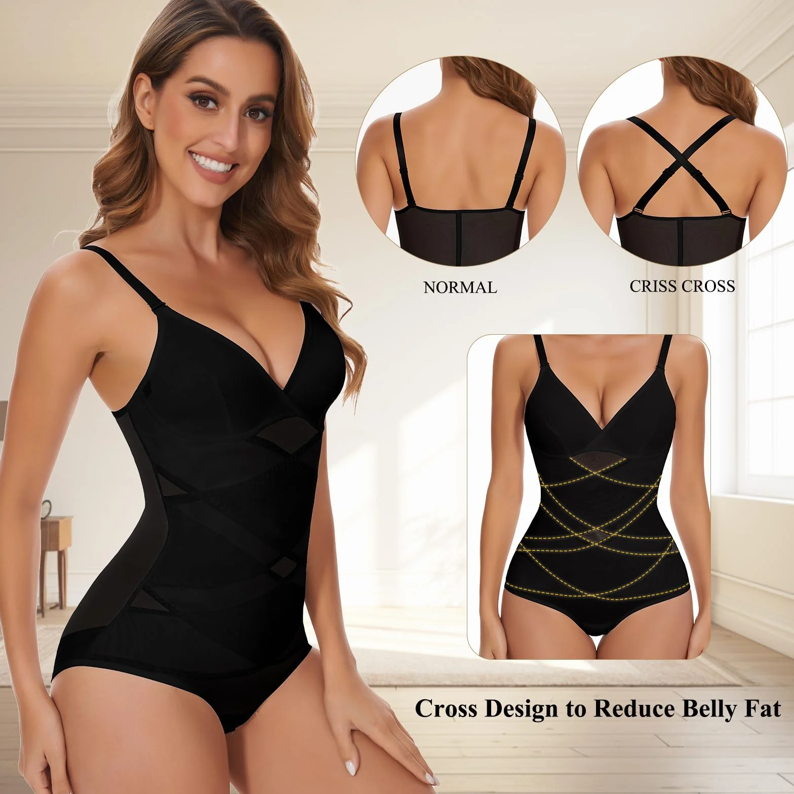 Joyshaper Shapewear damskie body modelujące brzuch, wyszczuplające brzuch, dekolt w serek, gorset modelujący figurę, top z biustonoszem